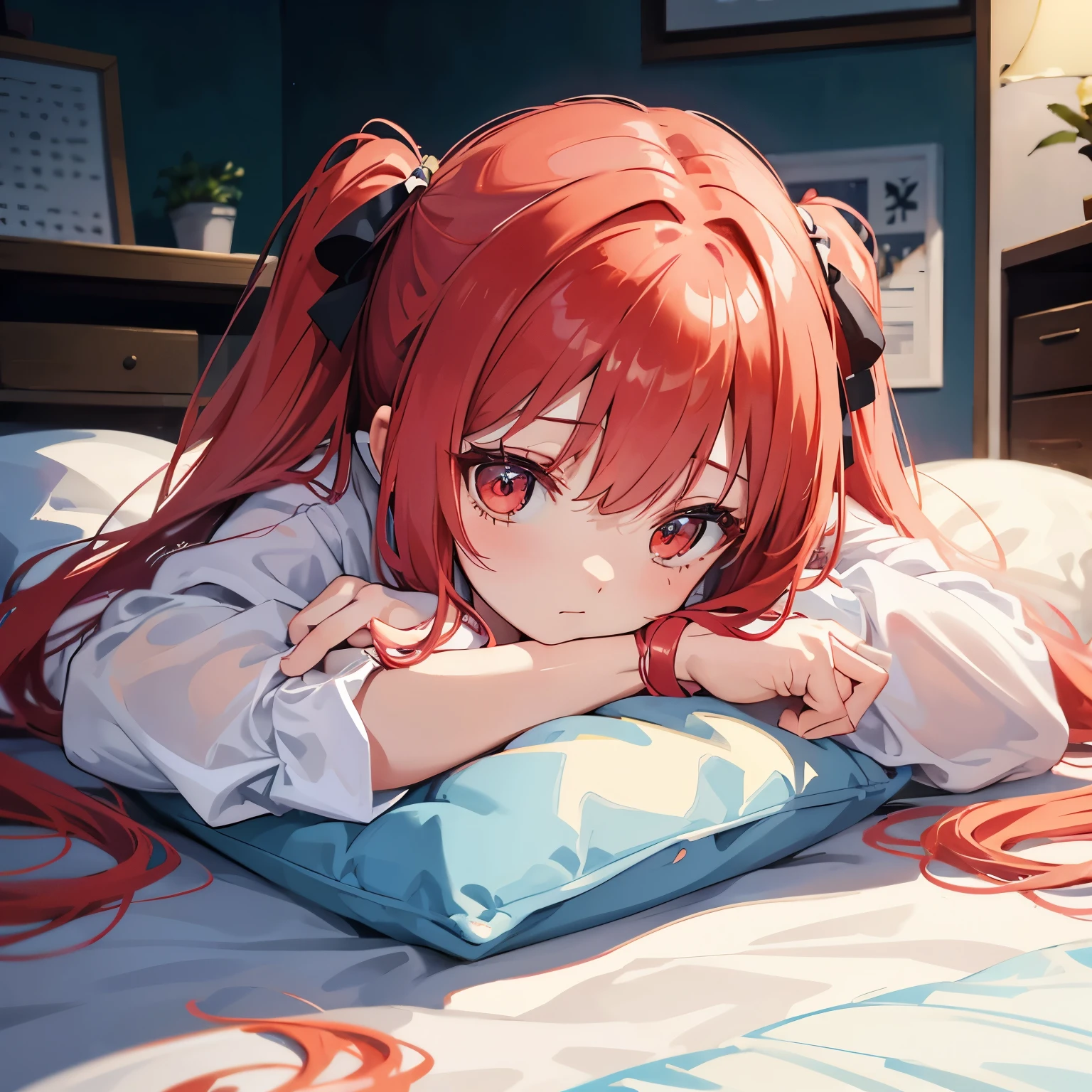 transparent watercolor、girl、jewel eyes、beautiful arrangements and motifs、written boundary depth、anime、high school girl ,girl, red hair twintails, red eyes,(gal),pop,whole body,Composition seen from below、頭からdrop down、upside down、drop down、lie down on the floor、wrist pillow、nap、fold your arms、head on arms、fall down on the desk