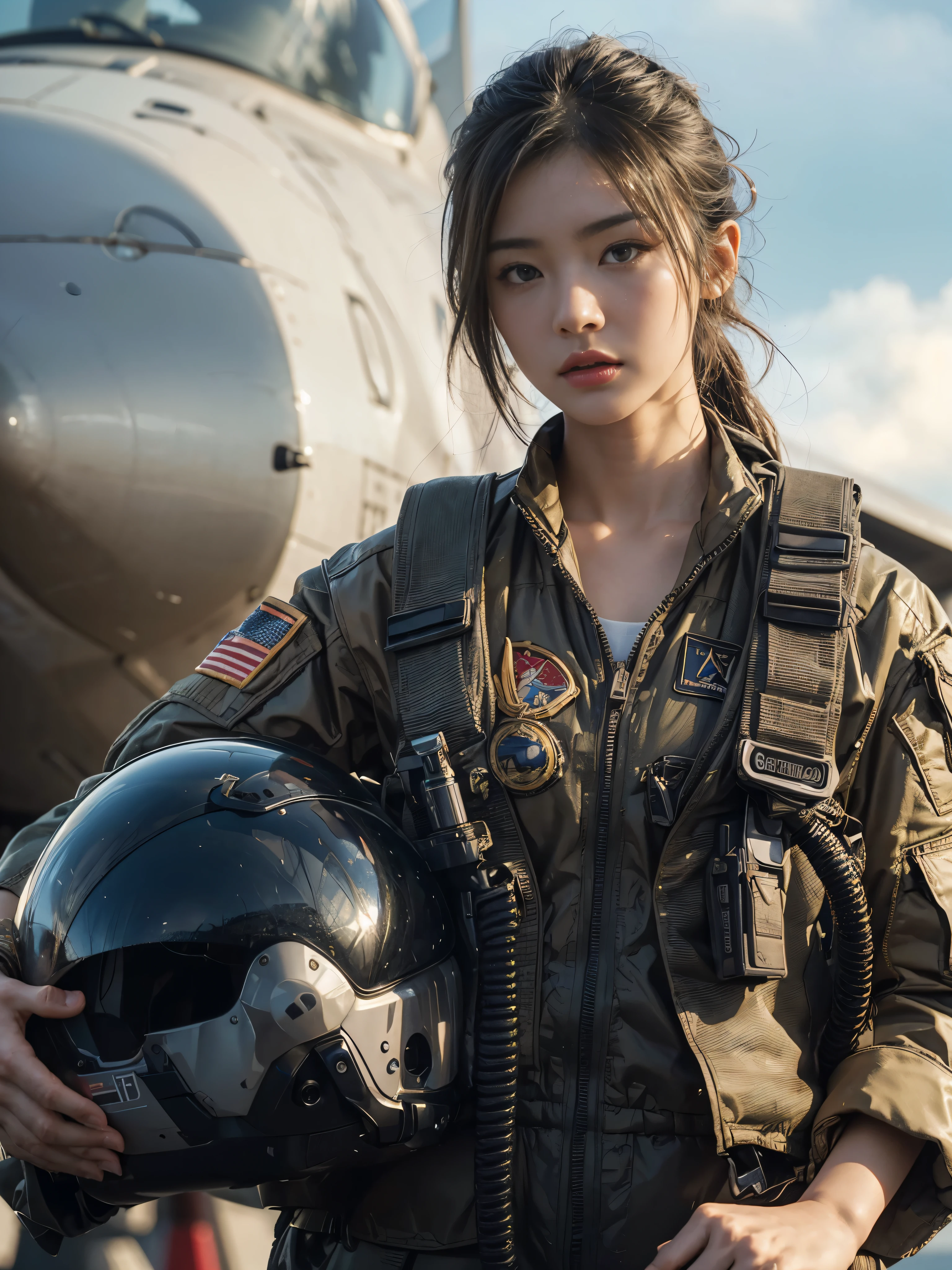 (best quality,8K,actual,photoactual:1.2),Super detailed,Fighter pilot,Japanese beauties belong to U.s. air force,Standing next to a fighter jet,in dynamic action poses,Wear anti-gravity clothing，wearing a helmet,Dramatic and bold composition,Stand half-length,zoom out