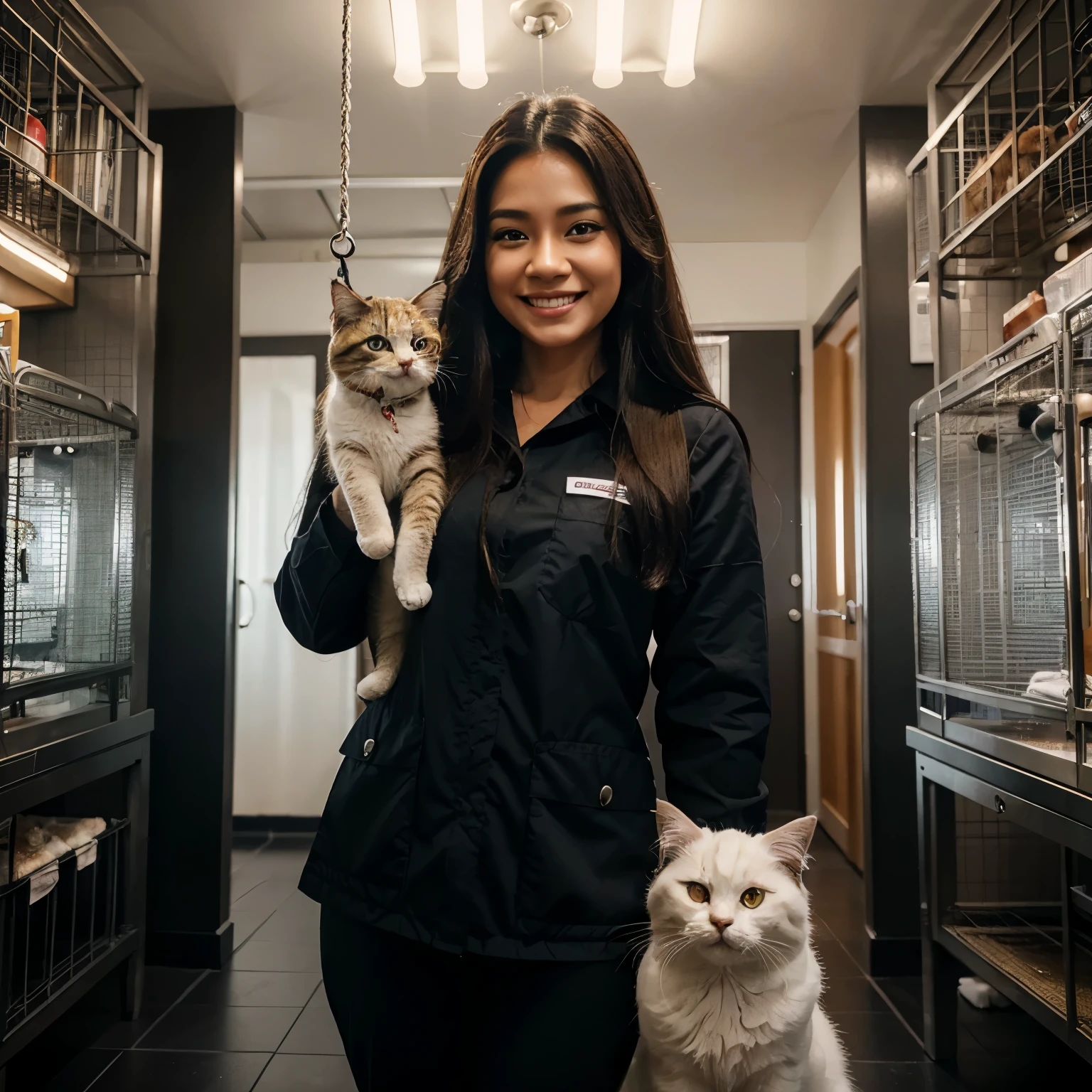 a 4D caricature of Indonesian woman with beauty long hair, she is a veterinary doctor, with her duty uniform, smiling, she is bringing a fluffy haired cat that looks so cute, the are many cat cage as the background, hyper-realistic, high contrast, high color effect, 8K, detail, reallistic photo, focus
