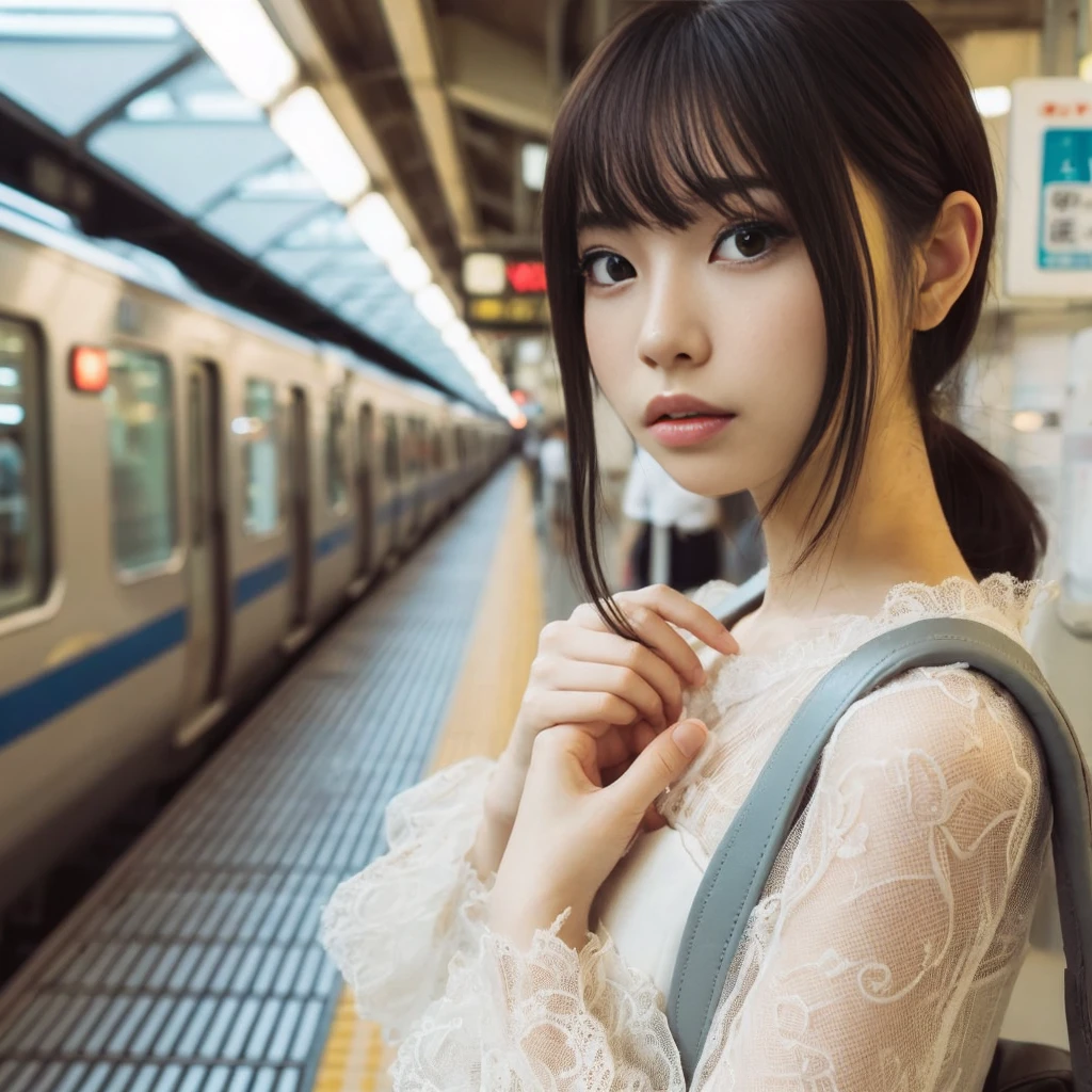 ((big black eye))),(((beautiful eyes))),(((long eyelashes))) , ((Completely )) ,, real anime girl, japanese model, Drinking beer at the train station, sakimichan, sakimichan HDRI, mix of russia and japan, japanese girl , I sat down on the train, anime girl cosplay, Japanese maid cafe, bullet train, A mix of anime style and Fujifilm