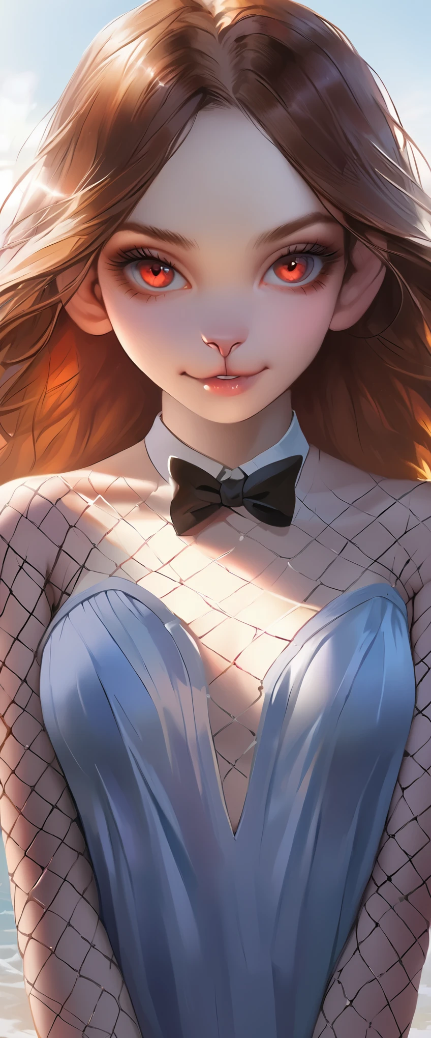 ((masterpiece, highest quality, Highest image quality, High resolution, 8K)), (huge stunning goddess shot, very hot and sexy, jaw-dropping beauty, perfect proportions, beautiful body, slim body beauty:1.4), In the streets, Anthropomorphic rabbit anime character, Their entire body is covered with soft fur, wearing a white fur coat, bow tie, and fishnet tights, white skin, long silver hair, red eye, From knee to chest, (View from front), sunlight, highly detailed, (semi-realistic:1.2), niradev, redhead,