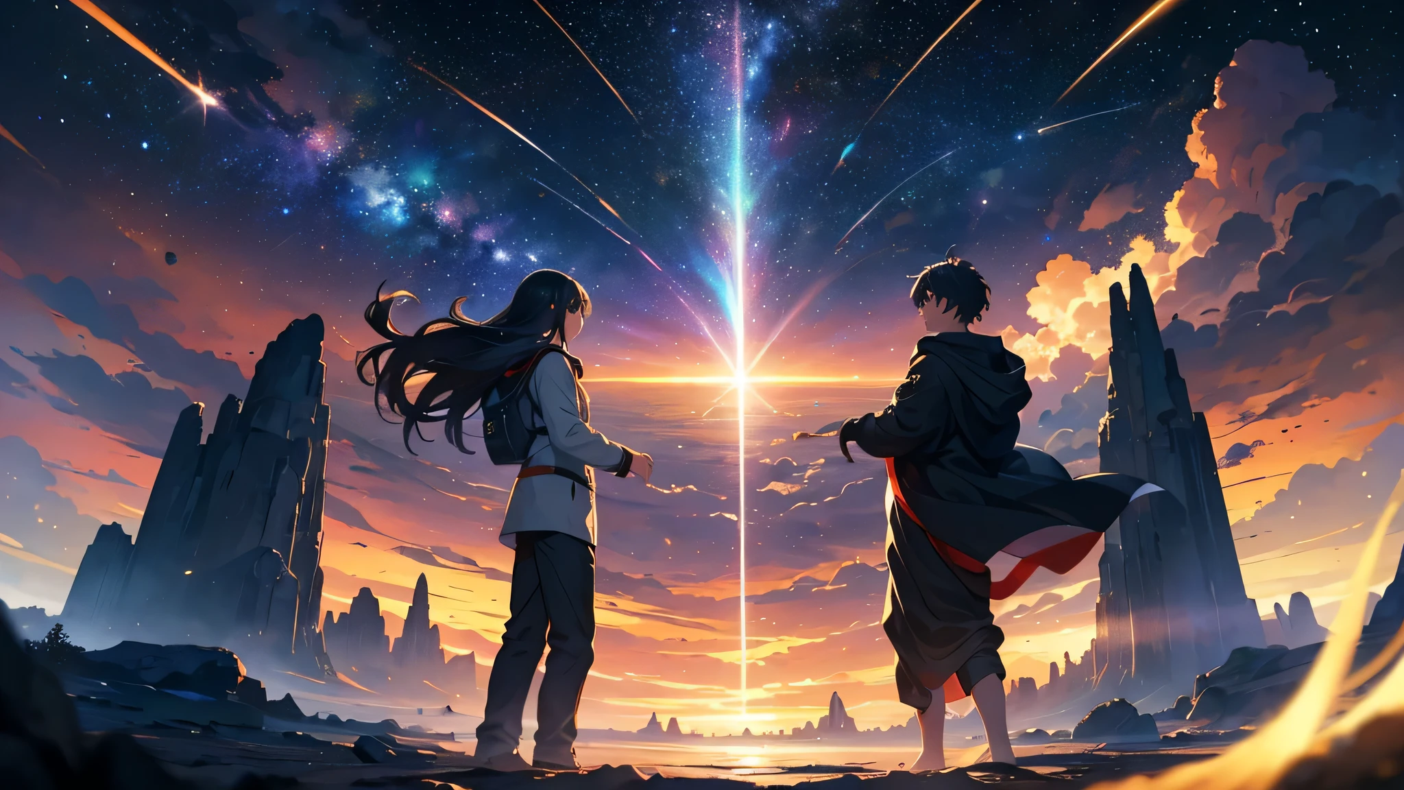 Craft an anime-style illustration in 8k resolution and 16:9 aspect ratio that showcases a breathtaking night sky. The scene unfolds under the cover of darkness, where the deep black of the cosmos serves as a canvas for the brilliant dance of stars and the swift trail of a meteor cutting through space. At the heart of the composition lies a mesmerizing black hole, its gravitational pull bending the light of nearby stars into a celestial spectacle that draws the viewer's gaze into its enigmatic depths.
The stars and meteor should be rendered with a delicate touch, their light casting ethereal glows against the darkness, creating a contrast that highlights the beauty and vastness of the universe. The black hole, a focal point of intrigue and wonder, is depicted with an aura of swirling colors and light, suggesting the dynamic and powerful forces at play. This scene is designed to captivate and draw the viewer in, inviting them to contemplate the mysteries of the cosmos.
Attention to detail is paramount in this illustration, from the subtle gradations of light around the black hole to the twinkling of the distant stars, each aspect meticulously crafted to convey a sense of depth and dimensionality. The result is a wallpaper that not only beautifies the space it occupies but also inspires awe and a deep, emotional pull towards the wonders of the universe, making it a true masterpiece of anime-style art.