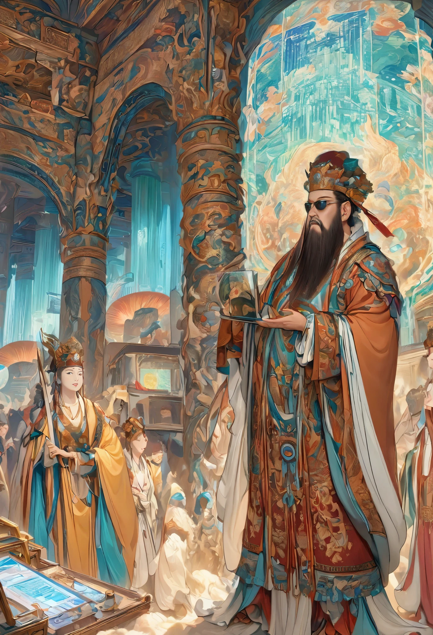 masterpiece, official art, 8K, best quality, Very detailed, mystery, dark, complicated, upscale, auction:1.2, man, Suit, sunglasses, earphone, security personnel, high-tech equipmant, Advanced surveillance technology, valuables on display, 前景中的man, Observing the scene confidently with a sly smile.
