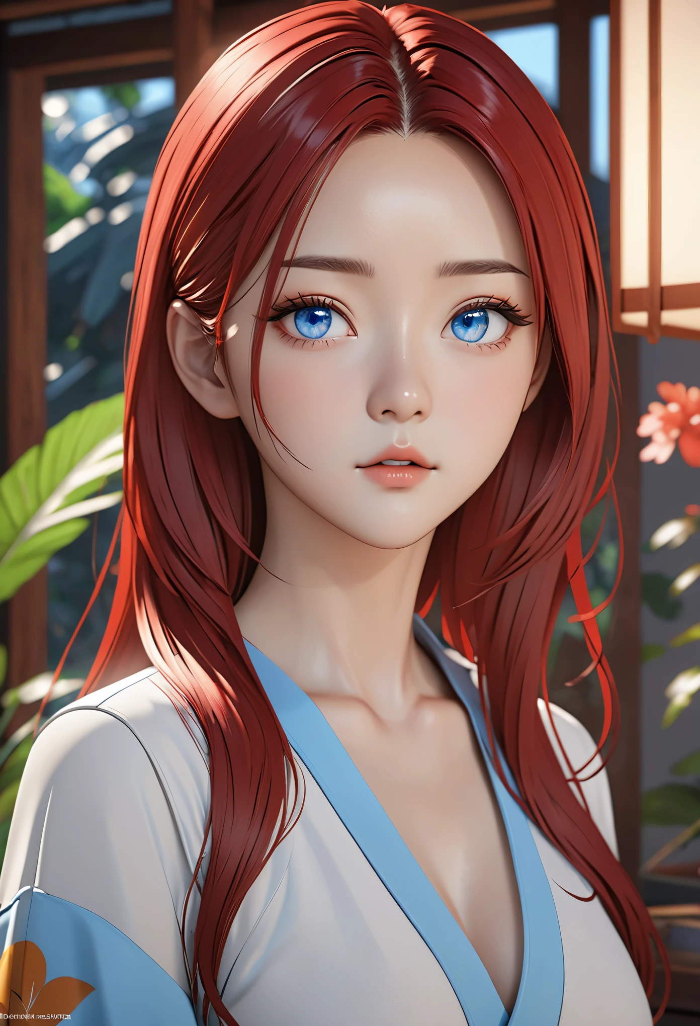 Japanese cartoons, (((portrait of he said))), 一个female人, (((red hair))), (((blue eyes))), (((female)), 8K, unreal enGine, octane rendering, by kyun, GamanG, Yin Jianzhi, G.arrive, Gosonjak, Shrupp, Serious, Domi, Noah, trendinG on pixiv, Fan Box, Skibb, masterpiece, smooth and soft skin, biG dreamy eyes, Beautiful intricate colored hair, Symmetrical, Japanese cartoons wide eyes, soft liGhtinG, concept art, diGital paintinG, Tropical islands