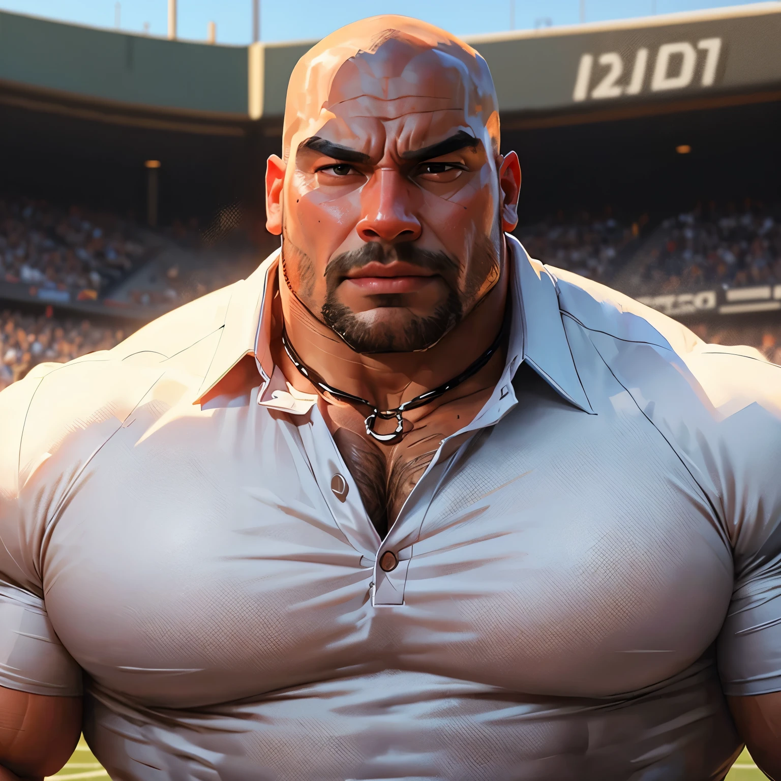 an exaggeratedly muscular and large bald bodyguard, beefy build, mixed race, (wearing brown prison warden uniform: 1.2), dogtag necklace, (bara pecs: 1.3), (arm and chest hair: 1.1), close-up portrait HD, grungy prison hallways