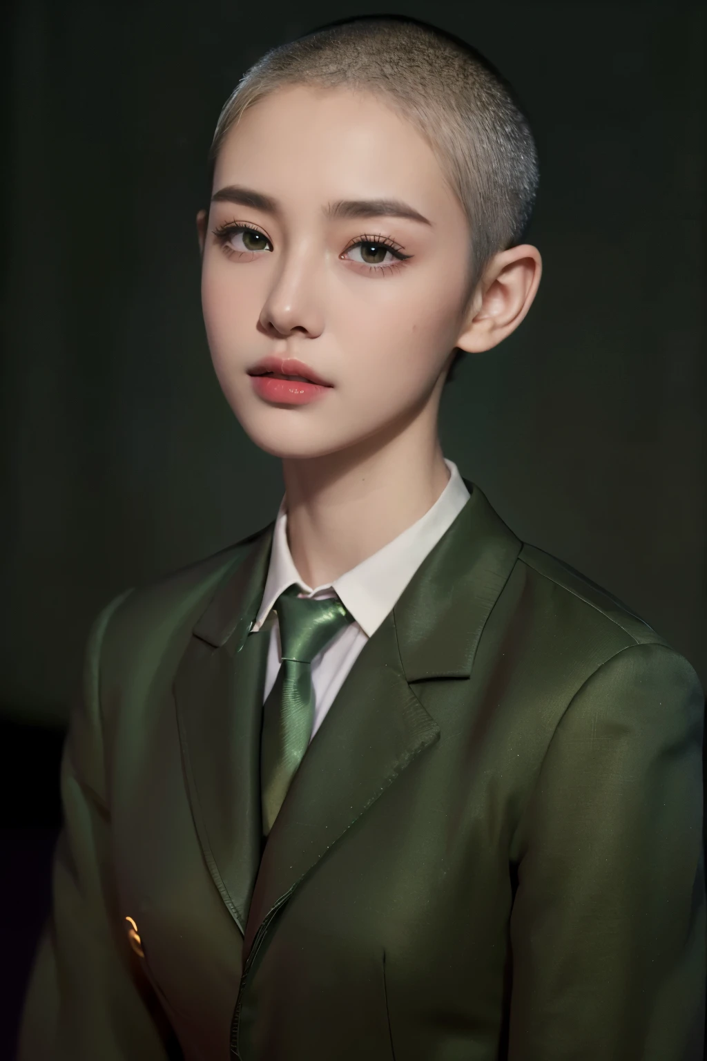 ((((8k))),((Extremely meticulous CG)) ,(ID photo),16k,((Extremely refined and beautiful)),(((Masterpiece))),(((best qualtiy))),(((Ultra High Resolution))),beautiful light up,Perfect lightning,realistic shaded,((high resolution)),(Smooth and flawless fair skin:1.5),(pale skin:1.3),(Extremely exquisite facial details:1.2),(perfect body:1.1),(ultra-detailed),((A beautiful girl,solo)),(small head:1.2),(buzz cut:1.2),(small face:1.2),(:1.3),(Exquisite makeup:1.2),(small breasts:1.2),(flat chests:1.2),(slim:1.3),(happy:1.2),(laughing:1.2),(dark green military blazer:1.3),(underneath the blazer is light green collared shirt:1.3),(necktie:1.2),(Military rank shoulder badge,badge),(night scene:1.5),(indoor:1.2),(standing:1.3),(Portrait above the chest:1.3),(from front:1.3),