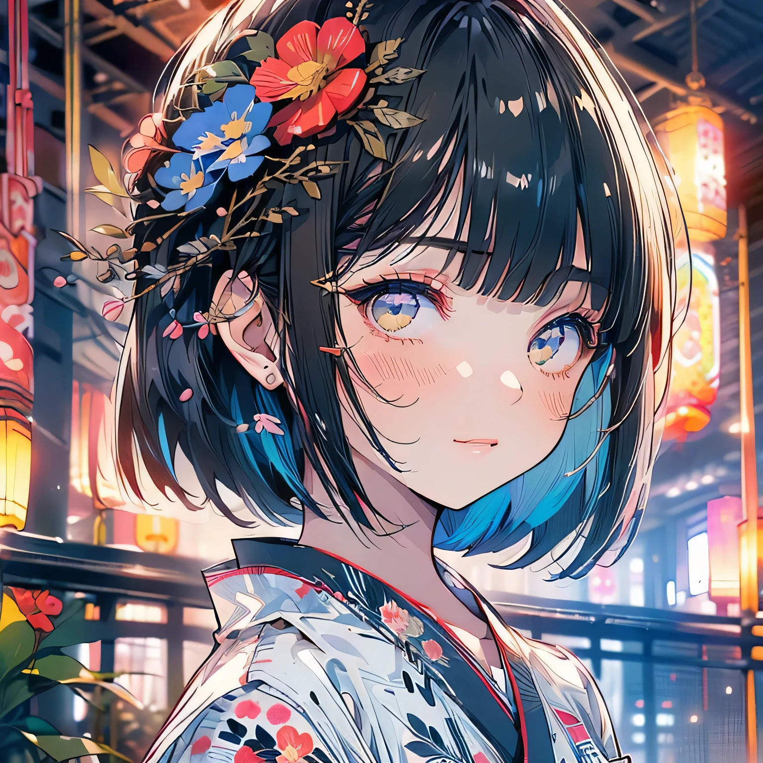 ((1girl,cute,japanese,young,short beautiful black hair,bob cut,blunt bangs,beautiful black eyes)),(solo),(japanese beautiful floral kimono,yukata),((masterpiece, highest resolution,best quality)), (beautiful illustration), (looking at the viewer), innocent smile,beautiful japanese festival,fireworks,flowers,stall、stall,crowded,night,