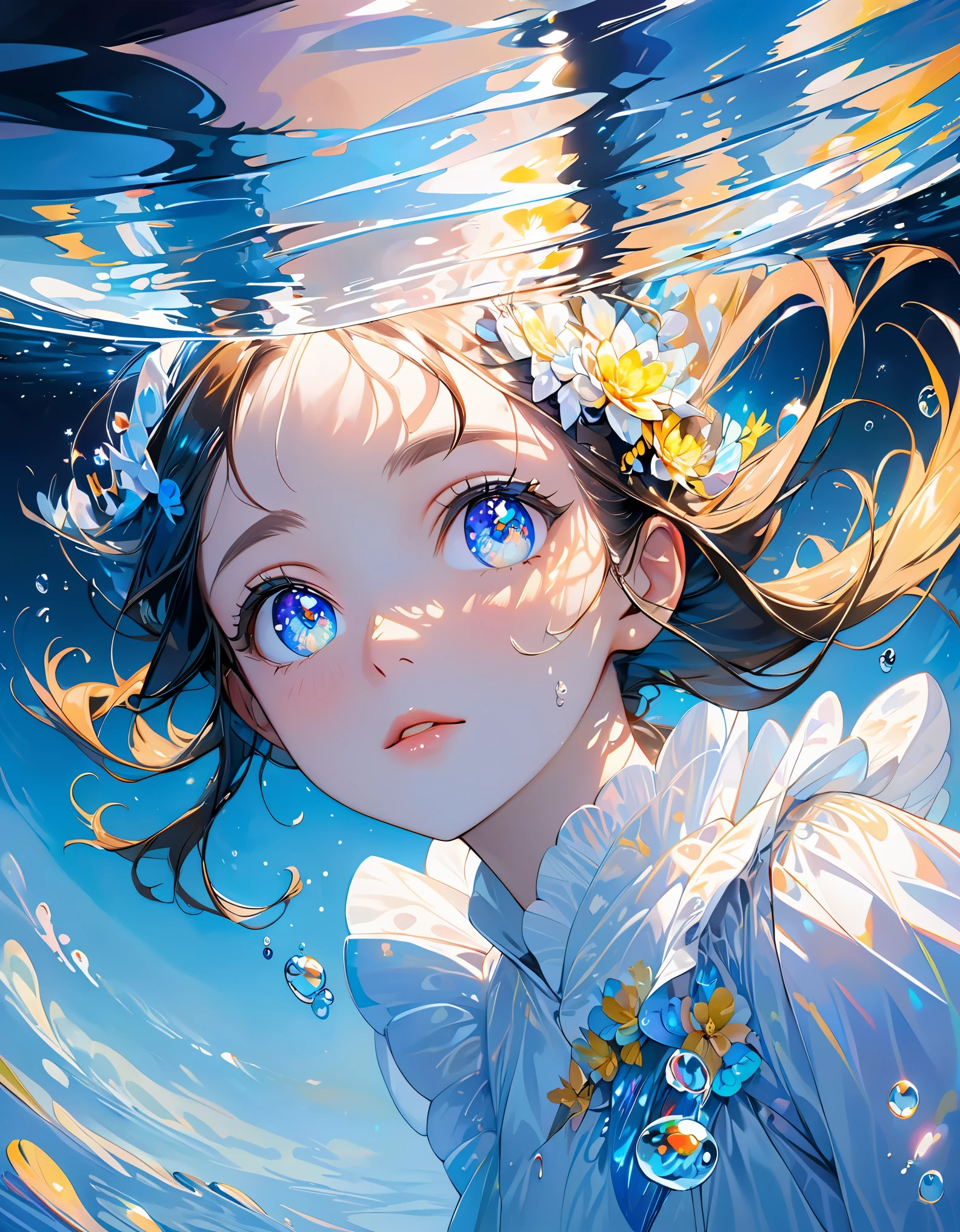 girl swims underwater,hyper detailed render style,glow,yellow,blue,brush,surreal oil painting,shiny eyes,head closeup,exaggerated perspective,tyndall effect,water drops,mother of pearl iridescence,holographic white,black background,