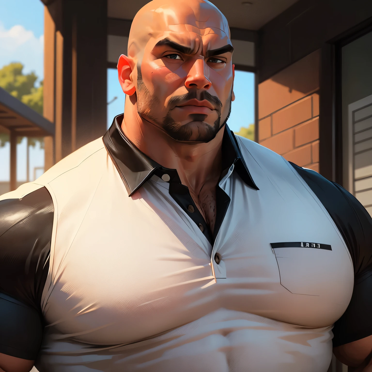 an exaggeratedly muscular and large bald bodyguard, beefy build, mixed race, (wearing sports collared shirt: 1.2), wearing whistle around neck, (bara pecs: 1.3), (arm and chest hair: 1.1), close-up portrait HD, sunny football field