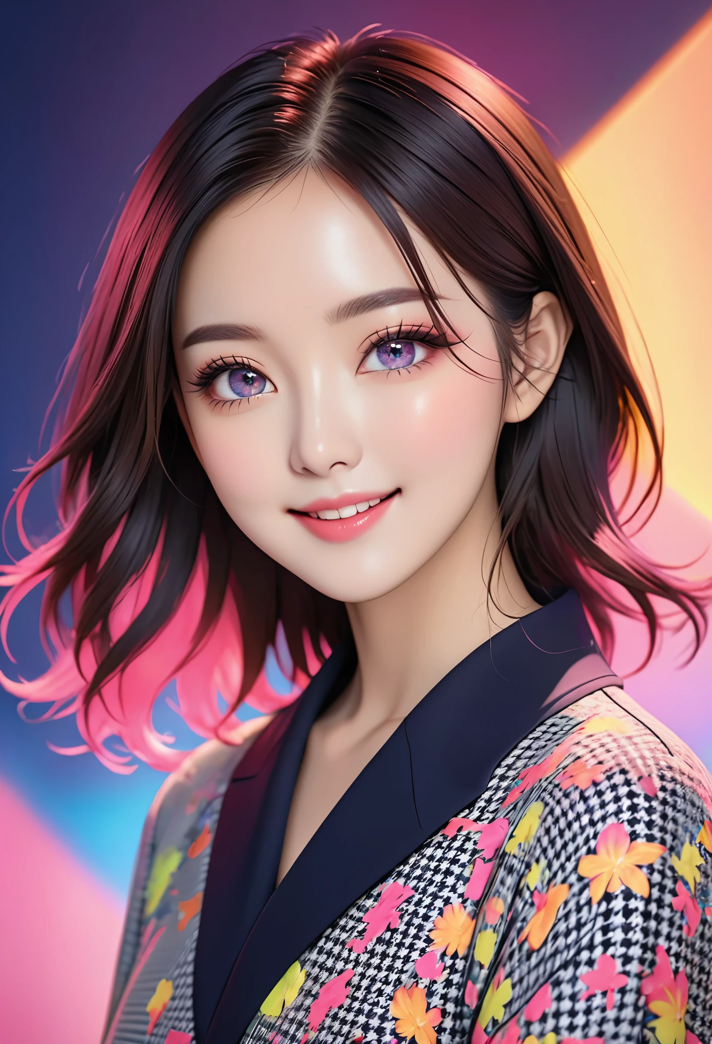 beautiful japanese woman, Beautiful perfect face and soft skin, small face,nose and rosy lips, beautiful eyes, beautiful smile. Black, Thin, long and beautiful hair bathed in bright etheric light. Gradient Highlight Beige Layered Loose Fluffy Medium Hairstyle, Navy collar shirt × houndstooth flared skirt, Bright neon colorful background, Surreal woman photos, High quality high resolution 8K masterpiece
