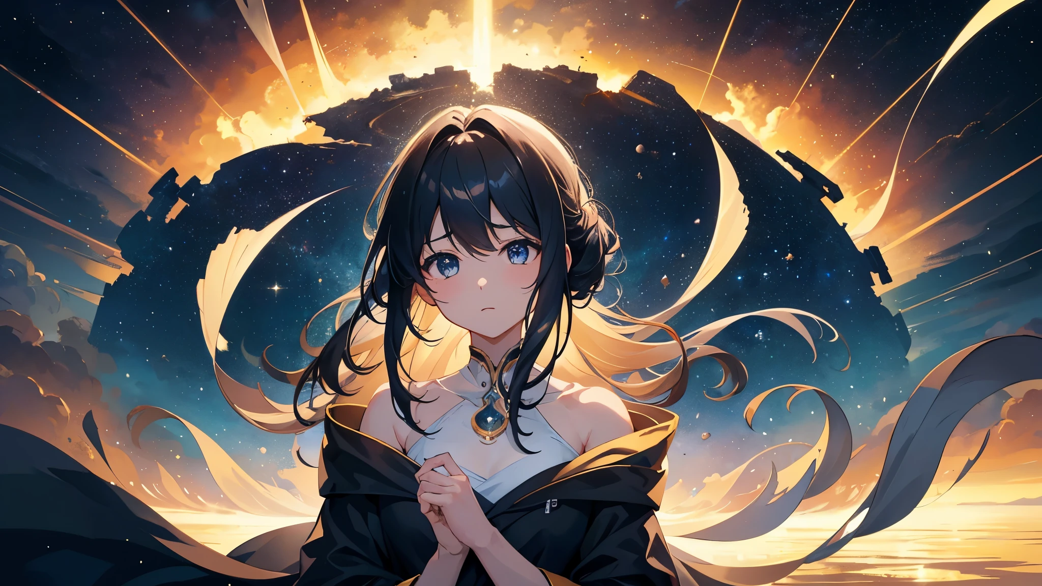 Craft an anime-style illustration in 8k resolution and 16:9 aspect ratio that showcases a breathtaking night sky. The scene unfolds under the cover of darkness, where the deep black of the cosmos serves as a canvas for the brilliant dance of stars and the swift trail of a meteor cutting through space. At the heart of the composition lies a mesmerizing black hole, its gravitational pull bending the light of nearby stars into a celestial spectacle that draws the viewer's gaze into its enigmatic depths.

The stars and meteor should be rendered with a delicate touch, their light casting ethereal glows against the darkness, creating a contrast that highlights the beauty and vastness of the universe. The black hole, a focal point of intrigue and wonder, is depicted with an aura of swirling colors and light, suggesting the dynamic and powerful forces at play. This scene is designed to captivate and draw the viewer in, inviting them to contemplate the mysteries of the cosmos.

Attention to detail is paramount in this illustration, from the subtle gradations of light around the black hole to the twinkling of the distant stars, each aspect meticulously crafted to convey a sense of depth and dimensionality. The result is a wallpaper that not only beautifies the space it occupies but also inspires awe and a deep, emotional pull towards the wonders of the universe, making it a true masterpiece of anime-style art.