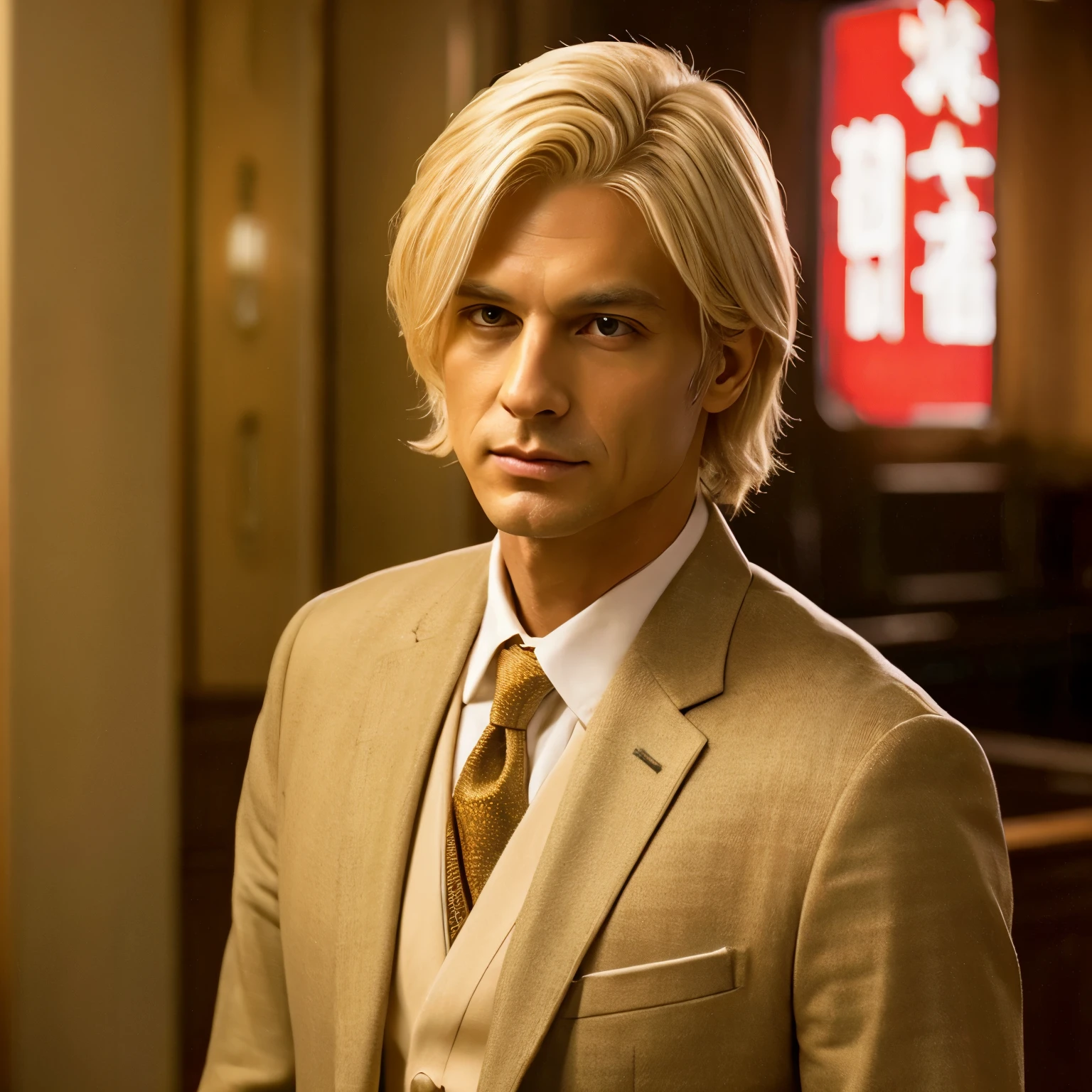 Beige hair color、center part、30 generation men、tobacco、suit