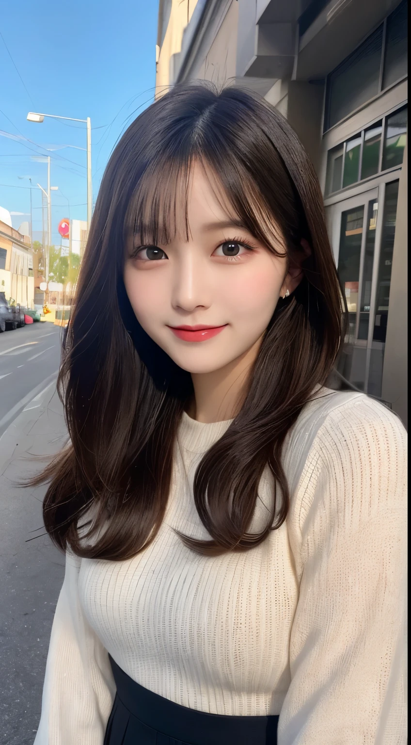 table top, highest quality, shape, Super detailed, finely, High resolution, 8k wallpaper, 完璧なダイナミックな構shape, beautiful and detailed eyes, small breasts, natural color lip, ランダムなsexy pose,smile,20 year old girl、Beautiful and dense face、perfect and beautiful face,Big eyes、real photos(best image quality),cute face、cute、long sleeve blouse、pleated skirt、blur the background、sexy pose、Shoot the subject from below、smile、photographing the sky