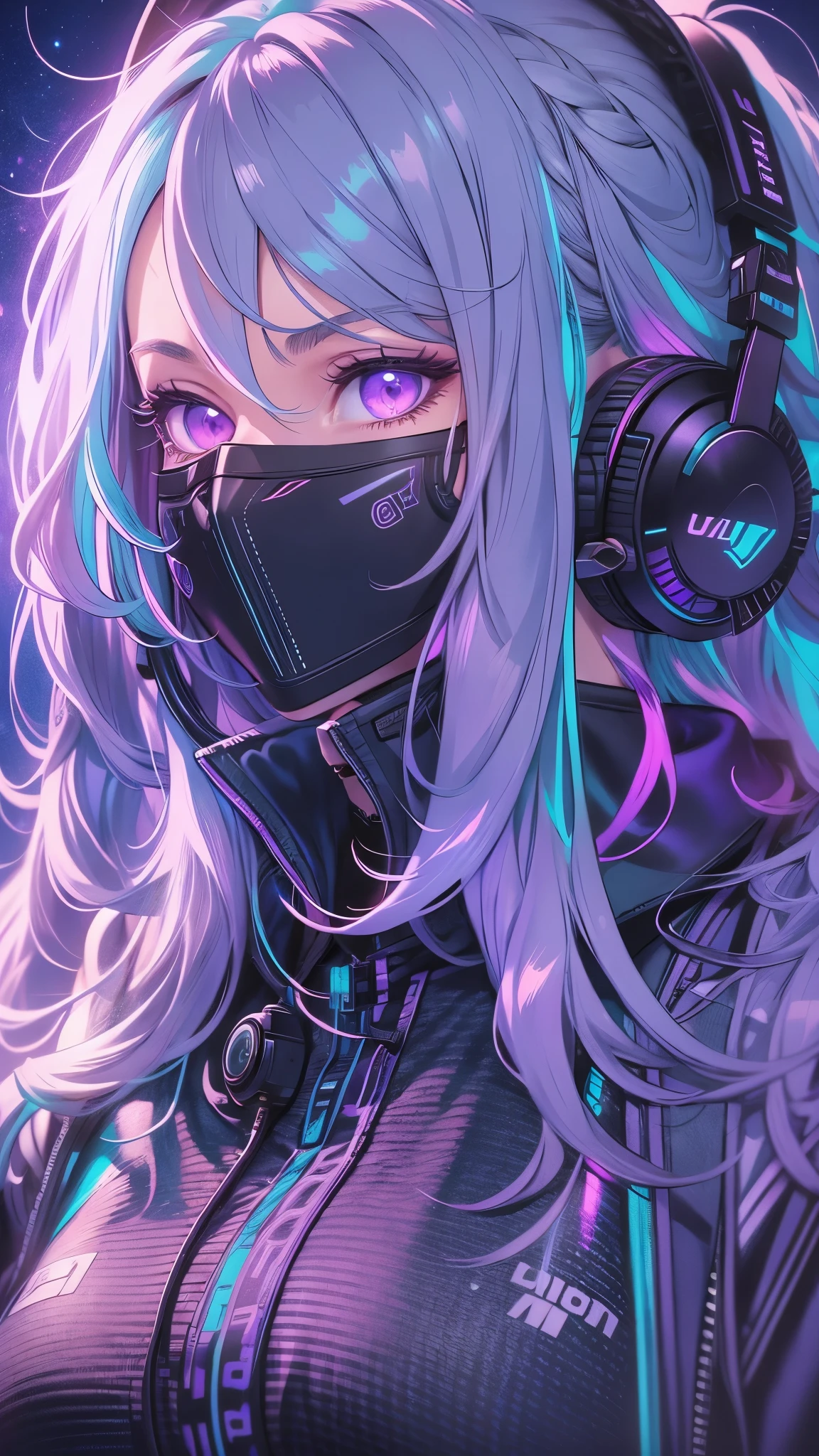 1 girl, Silver light blue hair, Gradient purple hair ends, super long hair, Technical clothing masterpiece, actual, Dark purple jacket, portrait, Illusion deep purple eyes, delicate eyes, wearing headphones, 28 year old girl, fashion pose, Half body, wide angle shot, on the street, cyberpunk, Focus on face, Very detailed facial, High like real eyes, one person, Big breasts and hot body, Random pose, Random expressions, Standing on the rooftop and looking at the starry night sky, meteor, wavy hair, absurdly long hair, single sidelock, hair over one eye, hair strand, high ponytail, aqua eyes, halo, makeup, realism, chiaroscuro, glowing light, sparkle, ray tracing, cinematic lighting, Futurism, best quality, UHD, super detail, masterpiece, highres, ccurate