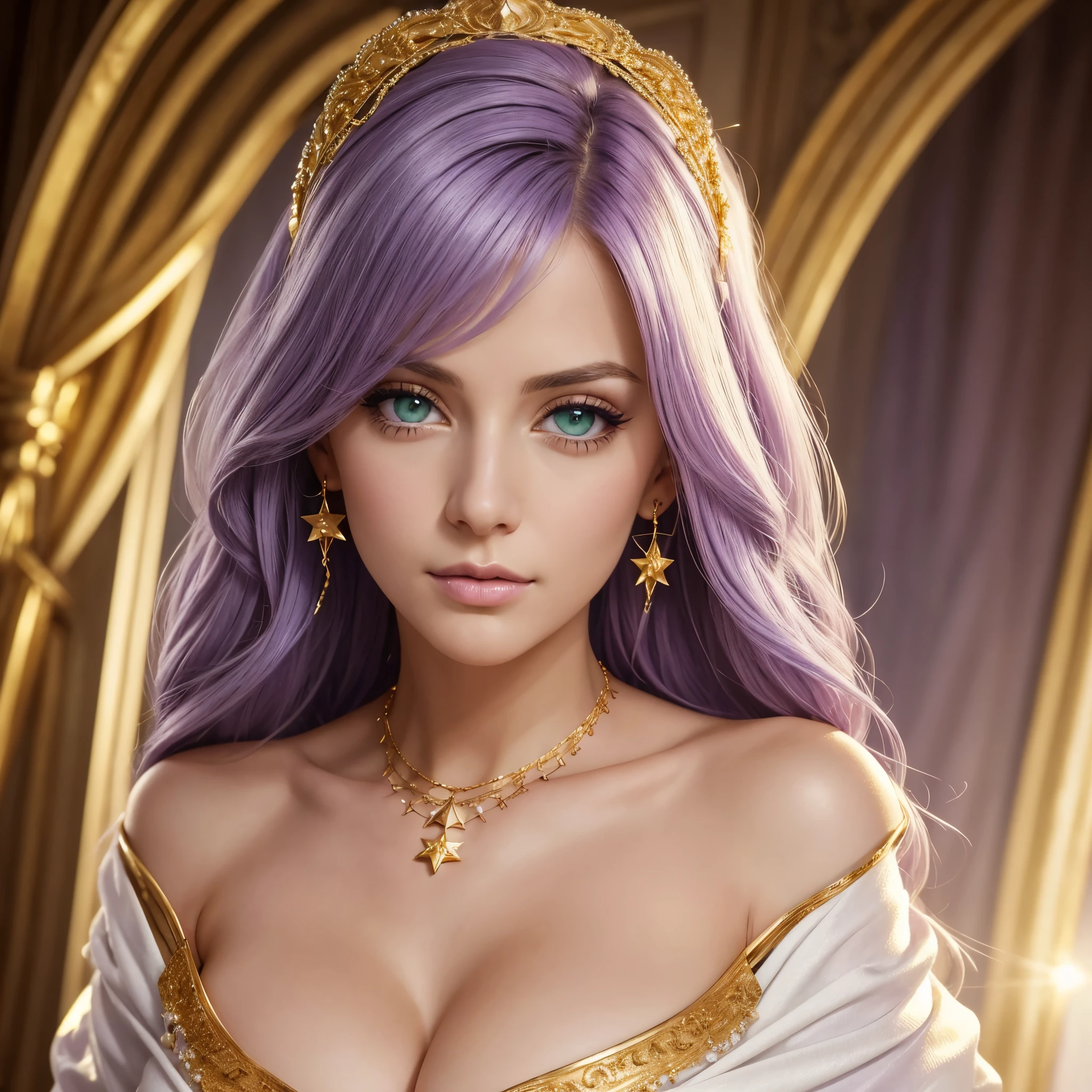 one American girl, realistic green eyes, long light purple lilac hair, large tits, large chest, cleavage, draped in white fabric with gold accessories, gold jewelry, high cheekbones, close up, zoomed in, profile picture, headshot, masterpiece, best quality, soft stars in background