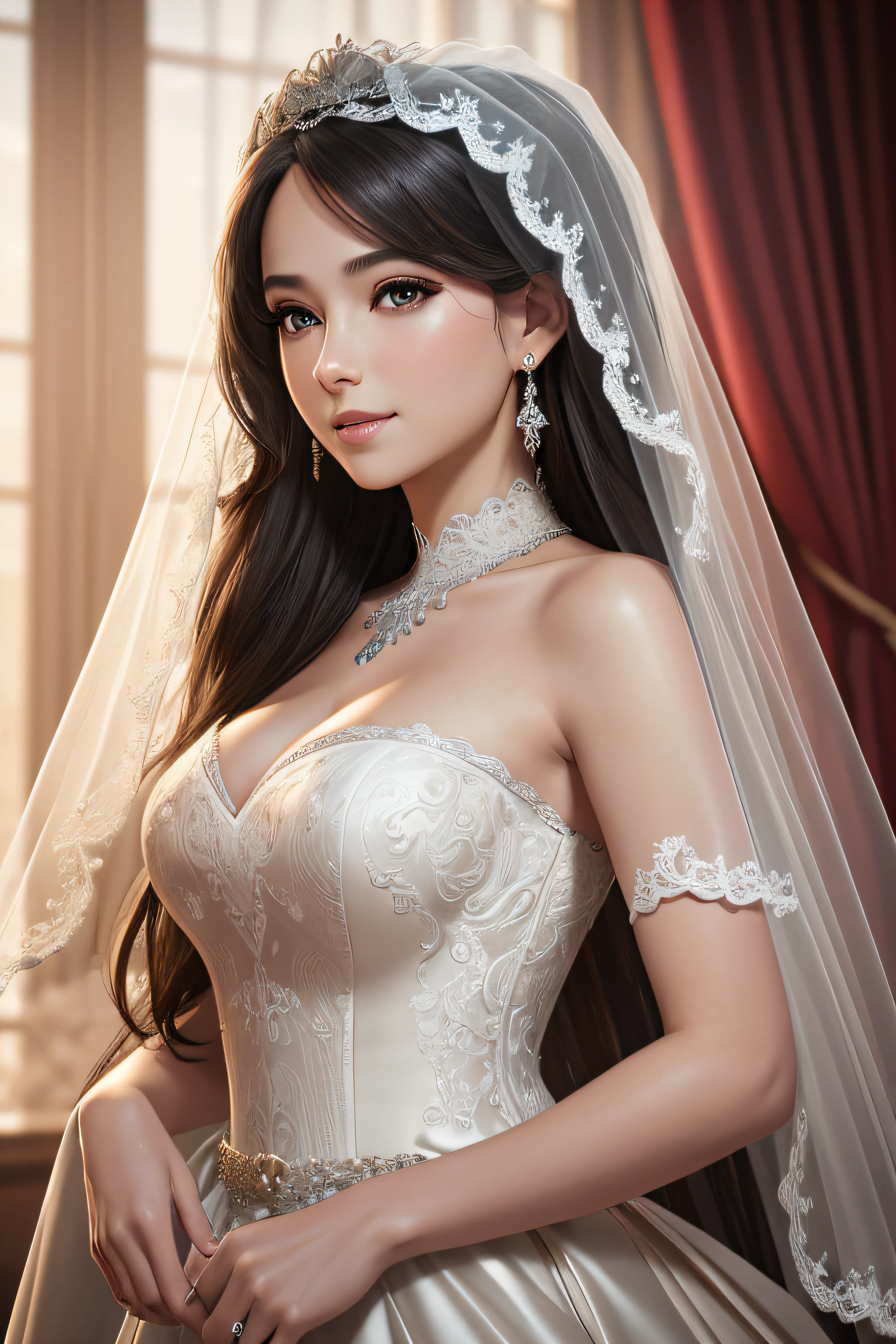 (Masterpiece), best quality, highest quality, highly detailed CG unity 8k wallpaper, original, high resolution, (depth of field: 1.5), fidelity: 1.3, breasts, bride portrait style, 1 girl, curtains, veil , bridal veil, wedding dress, curtains, jewelry, solo, earrings, teeth, bride, black_hair