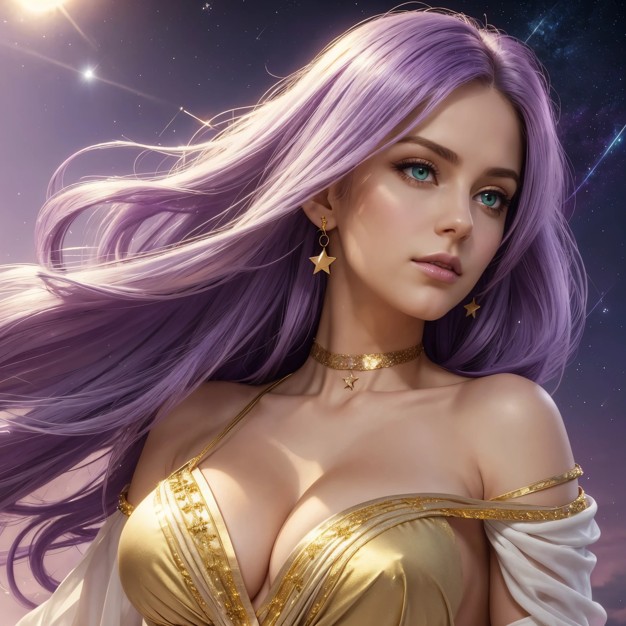 one American girl, realistic green eyes, long light purple lilac hair, large tits, large chest, cleavage, draped in white fabric with gold accessories, gold jewelry, high cheekbones, close up, zoomed in, profile picture, headshot, masterpiece, best quality, soft stars in purple sky background