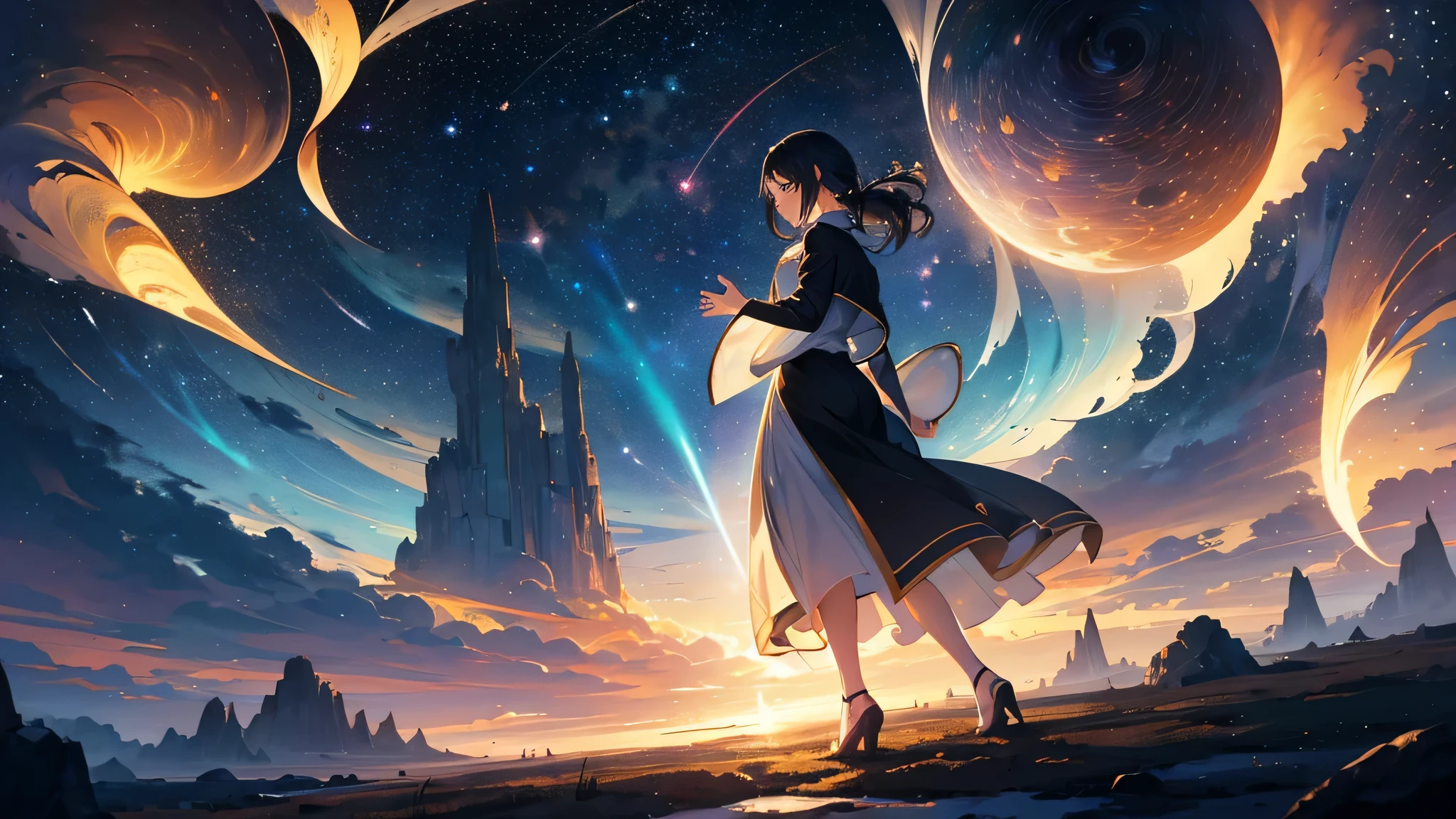 Craft an anime-style illustration in 8k resolution and 16:9 aspect ratio that showcases a breathtaking night sky. The scene unfolds under the cover of darkness, where the deep black of the cosmos serves as a canvas for the brilliant dance of stars and the swift trail of a meteor cutting through space. At the heart of the composition lies a mesmerizing black hole, its gravitational pull bending the light of nearby stars into a celestial spectacle that draws the viewer's gaze into its enigmatic depths.
The stars and meteor should be rendered with a delicate touch, their light casting ethereal glows against the darkness, creating a contrast that highlights the beauty and vastness of the universe. The black hole, a focal point of intrigue and wonder, is depicted with an aura of swirling colors and light, suggesting the dynamic and powerful forces at play. This scene is designed to captivate and draw the viewer in, inviting them to contemplate the mysteries of the cosmos.
Attention to detail is paramount in this illustration, from the subtle gradations of light around the black hole to the twinkling of the distant stars, each aspect meticulously crafted to convey a sense of depth and dimensionality. The result is a wallpaper that not only beautifies the space it occupies but also inspires awe and a deep, emotional pull towards the wonders of the universe, making it a true masterpiece of anime-style art.