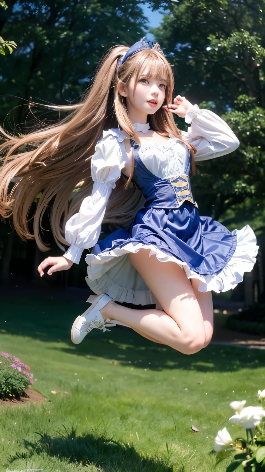 ultra high resolution, highest quality, Improvement of quality, super detailed, accurate color, 18-year-old, one person, ((The world of Alice in Wonderland, Stroll around the castle)), (Alice's Costume), Fashionable shoes, tiara, Insanely cute face, detailed face, medium breasts, perfect style, white skin, long straight hair, brown hair, (((The strong wind makes my skirt and silky hair fly in the air, defying gravity.))), nffsw++, RAW photo, beautiful lighting of nature, (((Panty shot)))