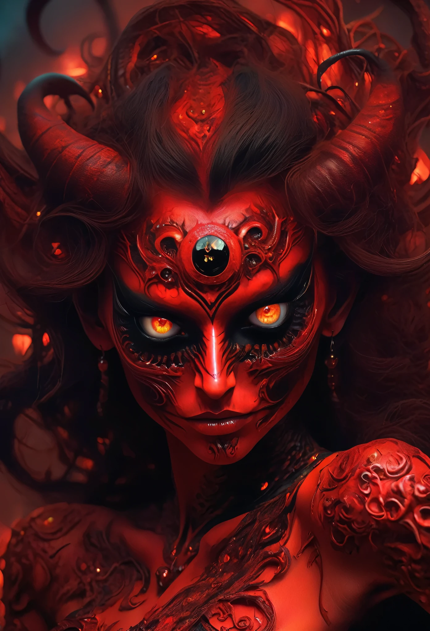 A strange female demon with 100 eyes all over her body.