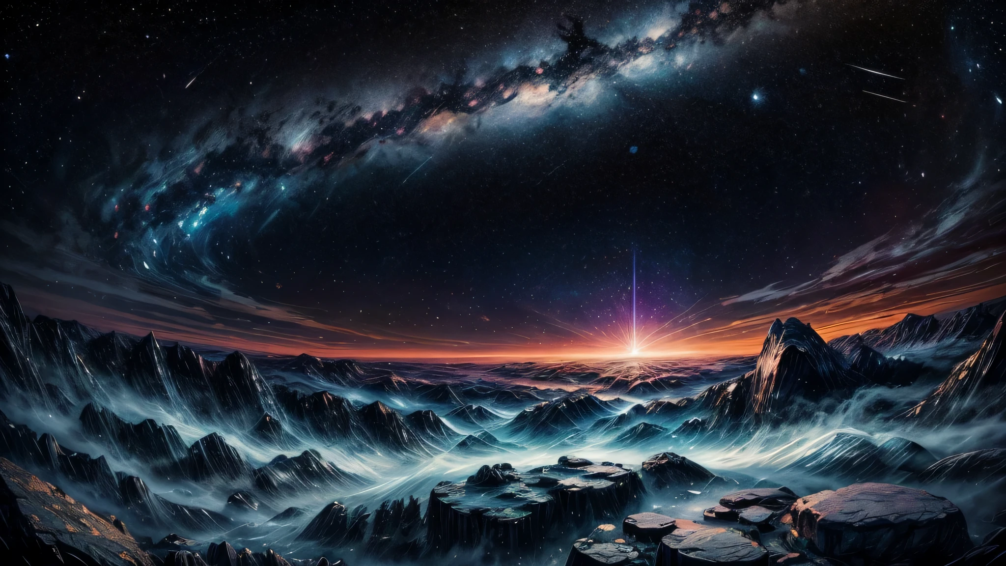 Create an anime-style landscape illustration in 8k resolution and a 16:9 aspect ratio, depicting a captivating night sky. The scene is set in complete darkness, showcasing the universe's vastness as a backdrop for the dazzling array of stars and a prominent meteor streaking across the sky. Central to this celestial display is a mesmerizing black hole, portrayed with an intricate blend of swirling colors and light that symbolize its immense gravitational pull, warping the space and light of nearby celestial bodies. 

This artwork should focus on the interplay of light and darkness, with the stars and meteor rendered to appear as if they are softly glowing against the pitch-black cosmos, providing a stark contrast that emphasizes the scene's beauty. The black hole, designed to be the focal point, captivates with its dynamic and mysterious aura, inviting viewers to lose themselves in the depths of its enigmatic presence. 

Detail is crucial, from the nuanced light effects around the black hole to the delicate twinkle of distant stars, aiming to create a sense of three-dimensional depth and realism. This piece seeks to not only serve as a visually stunning wallpaper but also to evoke a sense of wonder and emotional resonance with the infinite mysteries of the universe, epitomizing the essence of high-quality anime-style art.