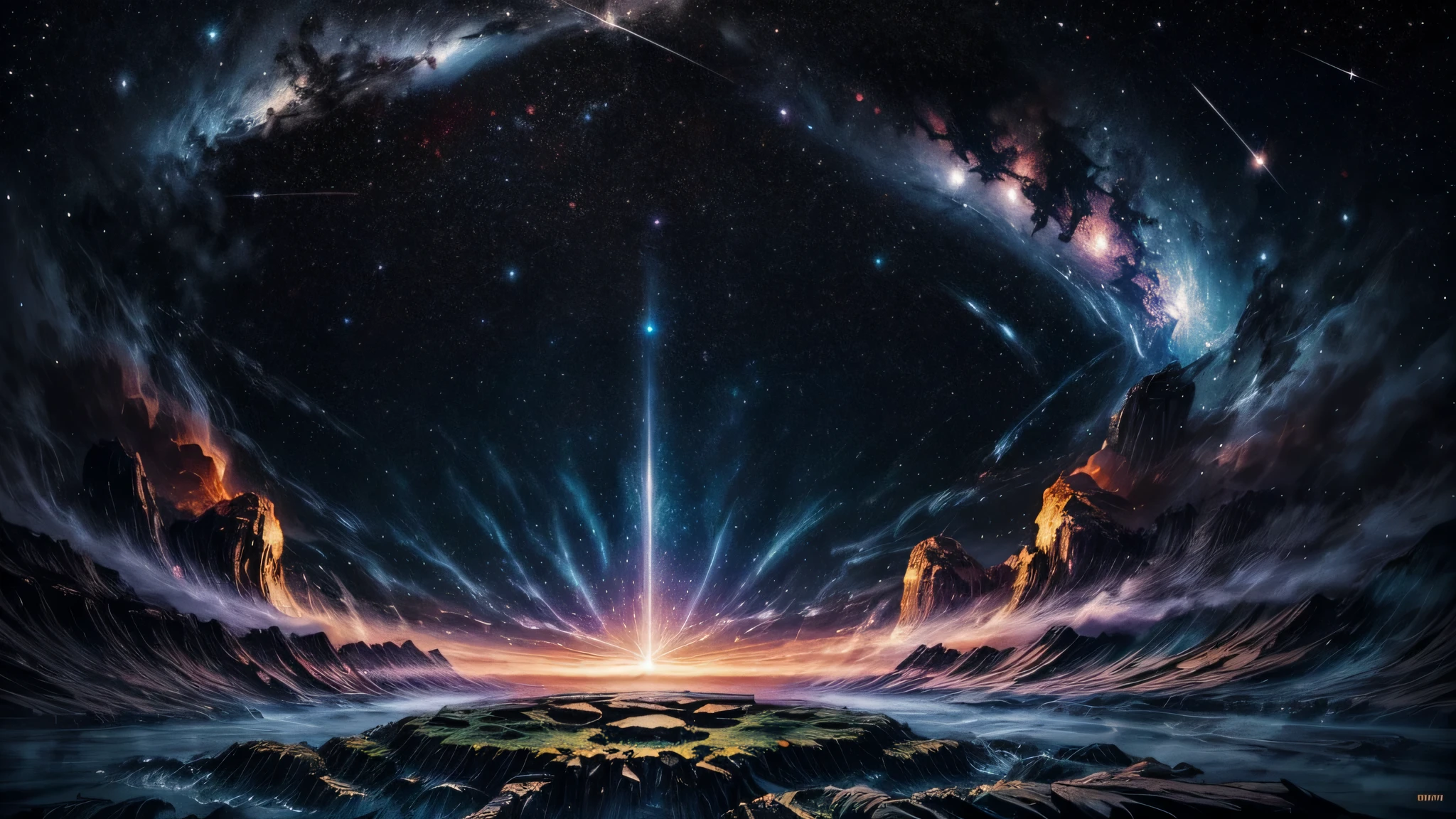 Create an anime-style landscape illustration in 8k resolution and a 16:9 aspect ratio, depicting a captivating night sky. The scene is set in complete darkness, showcasing the universe's vastness as a backdrop for the dazzling array of stars and a prominent meteor streaking across the sky. Central to this celestial display is a mesmerizing black hole, portrayed with an intricate blend of swirling colors and light that symbolize its immense gravitational pull, warping the space and light of nearby celestial bodies. 

This artwork should focus on the interplay of light and darkness, with the stars and meteor rendered to appear as if they are softly glowing against the pitch-black cosmos, providing a stark contrast that emphasizes the scene's beauty. The black hole, designed to be the focal point, captivates with its dynamic and mysterious aura, inviting viewers to lose themselves in the depths of its enigmatic presence. 

Detail is crucial, from the nuanced light effects around the black hole to the delicate twinkle of distant stars, aiming to create a sense of three-dimensional depth and realism. This piece seeks to not only serve as a visually stunning wallpaper but also to evoke a sense of wonder and emotional resonance with the infinite mysteries of the universe, epitomizing the essence of high-quality anime-style art.