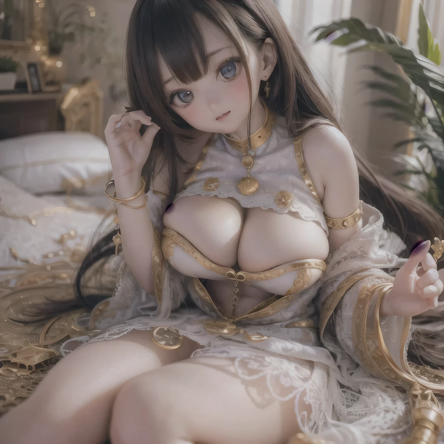 (best quality,4k,8k,highres,),ultra-detailed,(realistic,photorealistic,photo-realistic:1.37),topless,studio lighting,ultra-fine painting,sharp focus,physically-based rendering,extreme detail description,professional,vivid colors,bokeh,portraits
A girl lies in bed with a clear view of a sunlit room. She is lying on her back, her body relaxed and comfortable. The room is bright and airy, with sunlight streaming through the window, casting a warm and gentle glow on the girl's skin.(((gigantic breast)))
The girl is an ermine girl, with delicate and beautiful features. Her face is framed by long, flowing hair that cascades down her shoulders. Her eyes are large, expressive, and full of life, with beautiful detailed eyes and long eyelashes. Her lips are soft and slightly parted, giving her a sensual and alluring expression. She has a chibi-like appearance, with a cute and innocent charm.
As the girl lies in bed, she is in a state of pleasure and desire. Her hand is positioned to cover her crotch, symbolizing her act of self-pleasure. This detail adds a touch of eroticism to the scene. It emphasizes the intimate and personal nature of the moment, capturing the girl's sexual exploration and enjoyment.
The room itself is tastefully decorated, with soft pastel colors and a minimalist design. The walls are adorned with art and photographs, reflecting the girl's artistic sensibilities. The furniture is simple and elegant, creating a serene and inviting atmosphere.
The overall image quality is of the highest caliber. Every detail is meticulously rendered, from the intricate patterns on the girl's clothing to the texture of the sheets on the bed. The colors are vibrant and rich, with a wide range of tones and shades. The lighting is expertly crafted, with a soft and diffused quality that enhances the overall mood and atmosphere of the scene.
In summary, the prompt is a high-quality, ultra-detailed depiction of an ermine girl in a sunlit bedroom, lying in bed and indulging in self