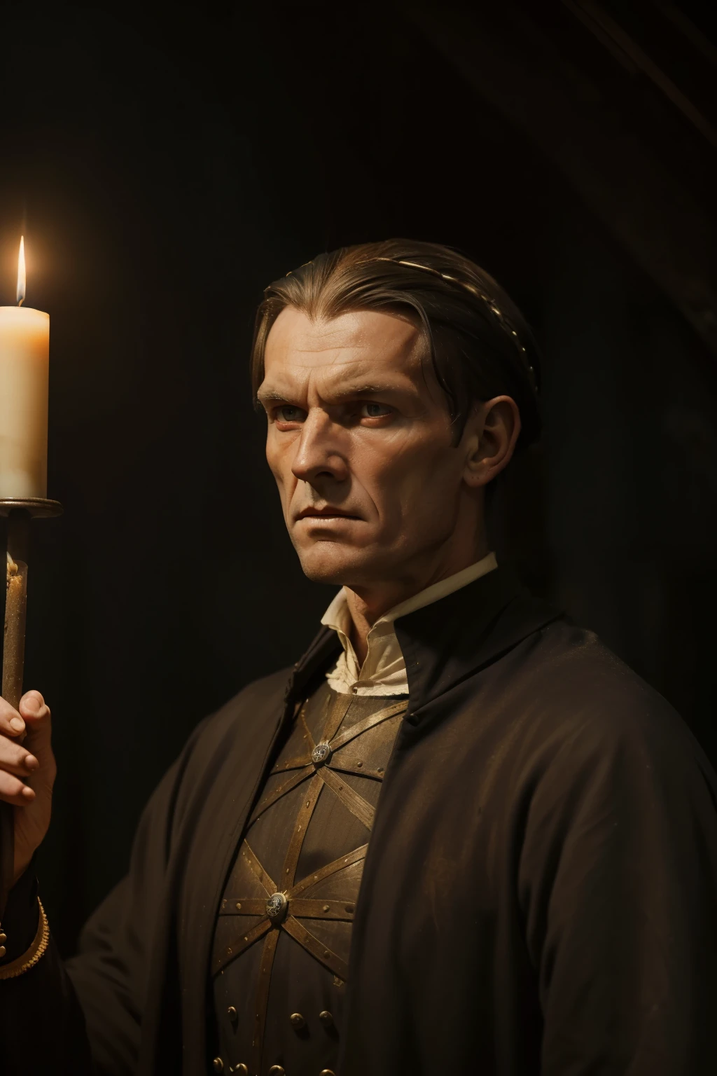 England, 1364. ((((44-year-old)) Ralph Fitzgerald)), intense eyes, ambitious, tall, athletic, candlelight, ((horror expression)). ((((clothings from the 1360s)))), ((dark hairstyle of the 1360s))