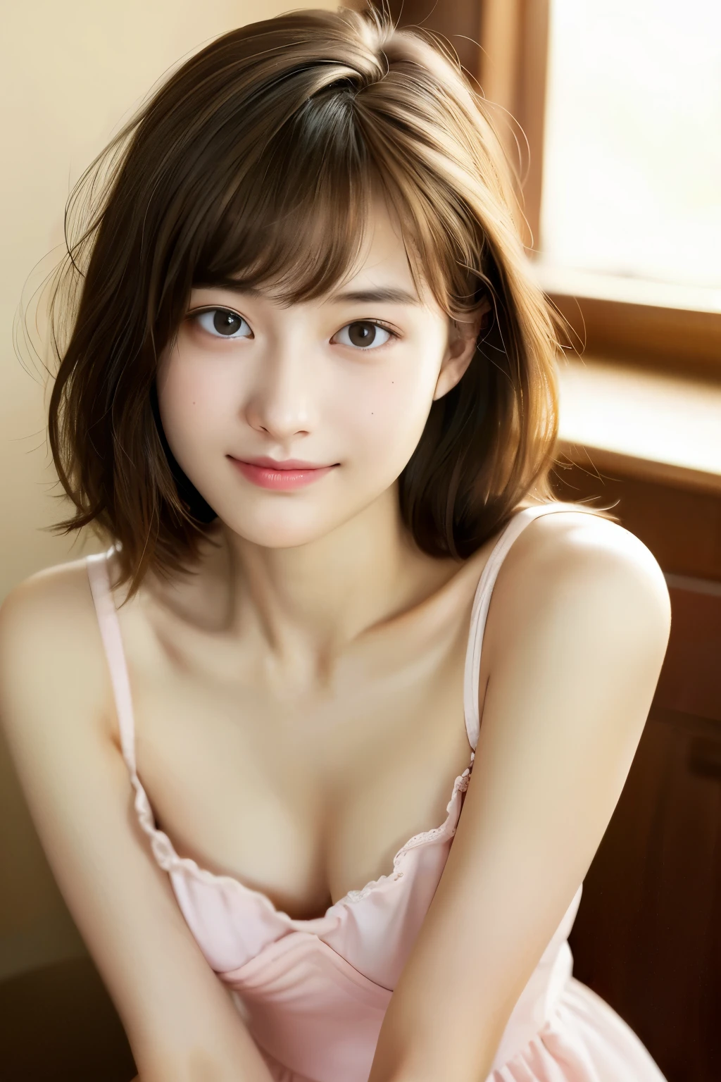 (Raw photo, highest quality), (realistic, Photoreal:1.3), table top, very delicate and beautiful,soft light, (brown hair, medium hair, bangs), beautiful detailed girl, fine fingers, highly detailed eyes and face, beautifully detailed nose, detailed and beautiful eyes, 1 girl, cute, young, knit dress, pale skin, (Half body:1.3, sitting), (medium breasts), realistic face, realistic body,round face，smile