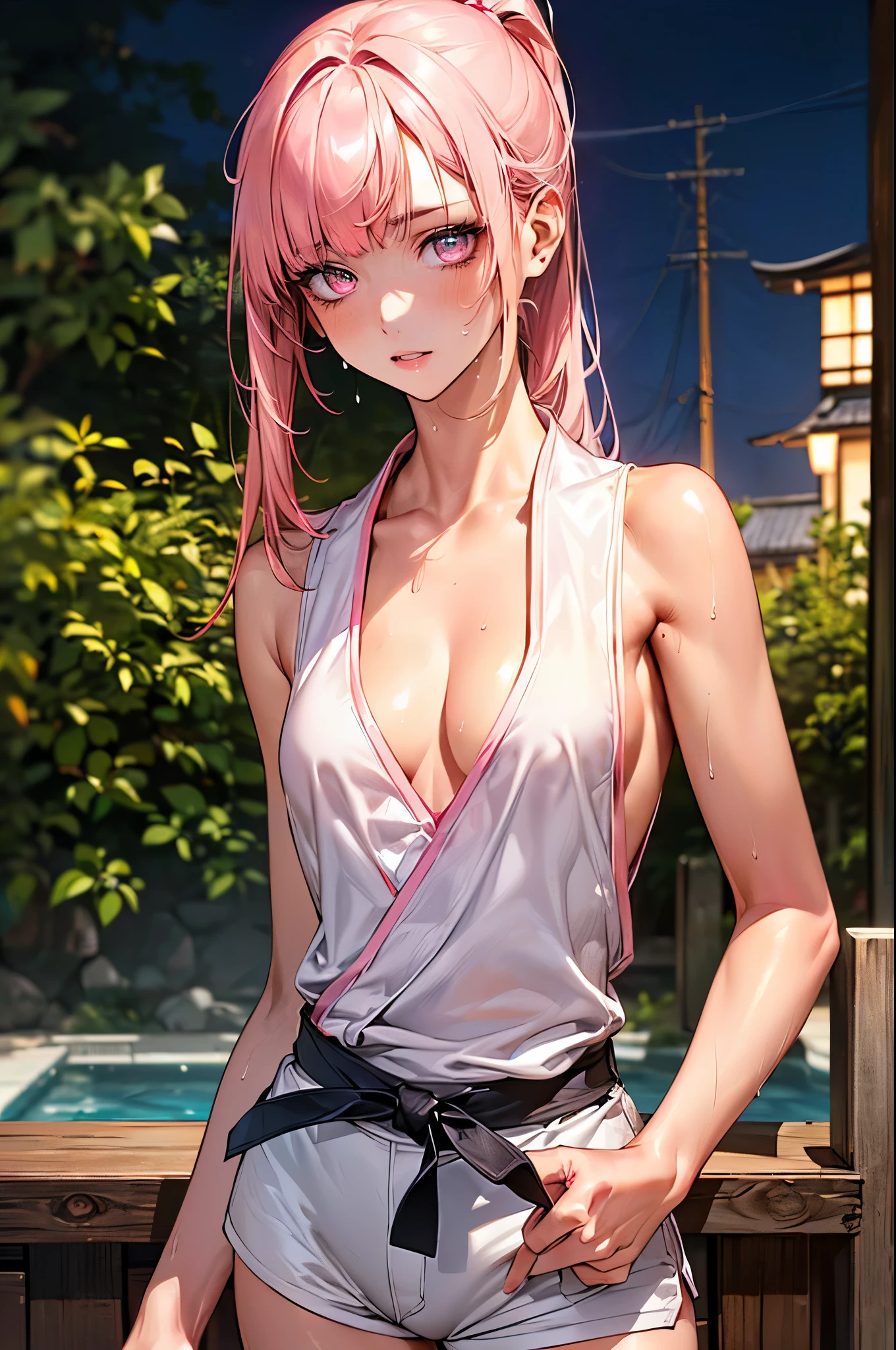 nsfw,((perfect anatomy,realistic,:1.4,RAW Photography:1.3,masterpiece、highest quality、Ultra - High resolution、High resolution、Highly detailed CG、8K)),cowboy shot,1 female,solo,((20 year old beauty,beautiful detailed face and eyes,gorgeous eyes,pink eyes)),((pink hair,ponytail,long hair,blunt bangs,straight hair)),((medium breasts,slender body,small head:1.4,skinny)),(oily skin,gleaming skin,shiny skin,sweat:1.4),((Karate's uniform, cleavage,sleeveless、white micro shorts)),karate training in progress、Ready to fight、,Japanese-style garden、Japanese-style house、Tokyo、moonlight、