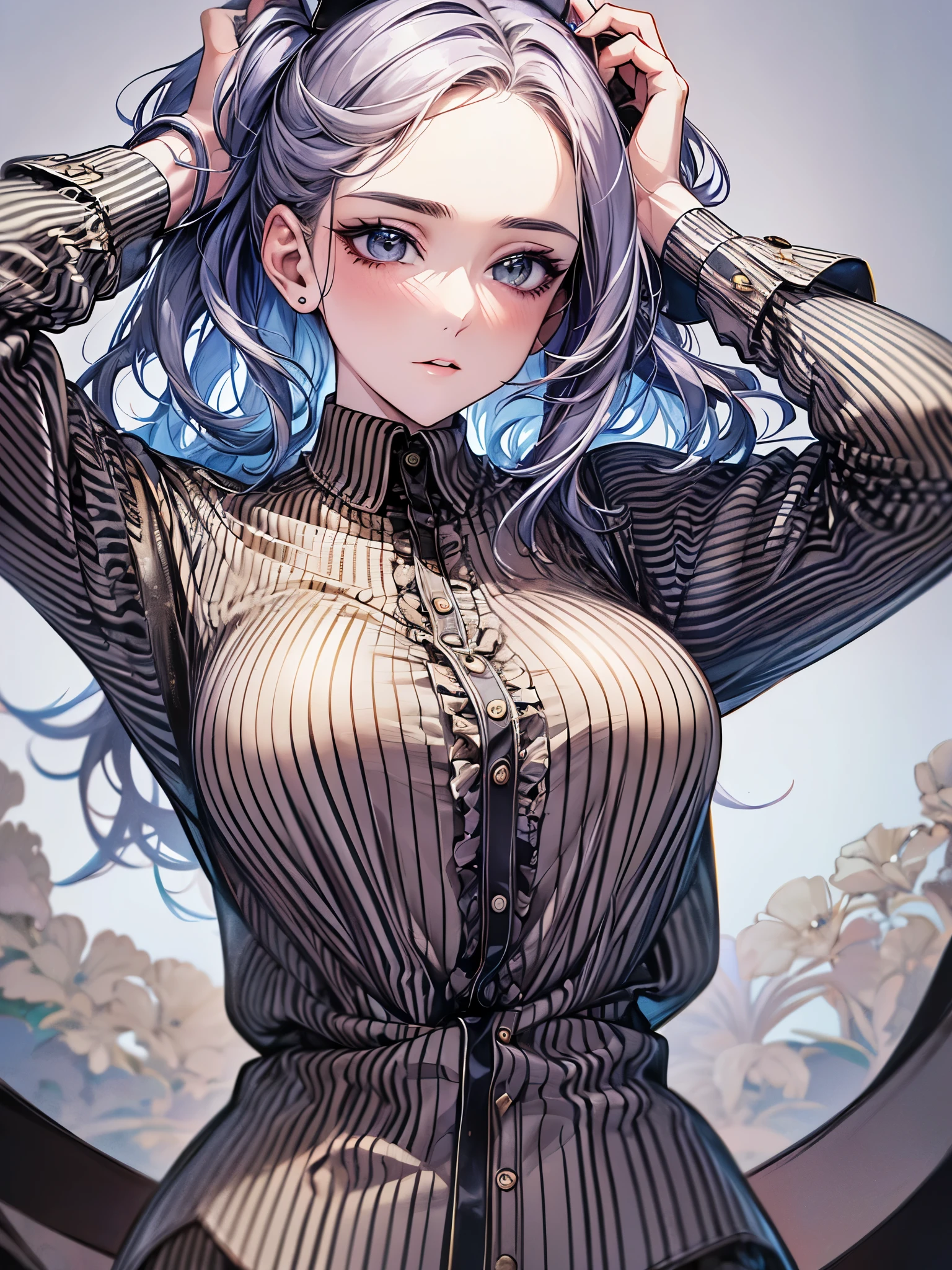 ((highest quality)),(ultra high resolution),(Super detailed),(detailed description),((best CG)),(best work of art),super precision art,amazing drawing art,(Fashion art with precise details:1.5), (adult women:1.7),(beautiful and well-shaped face:1.7),((vertical-striped shirt:1.6))