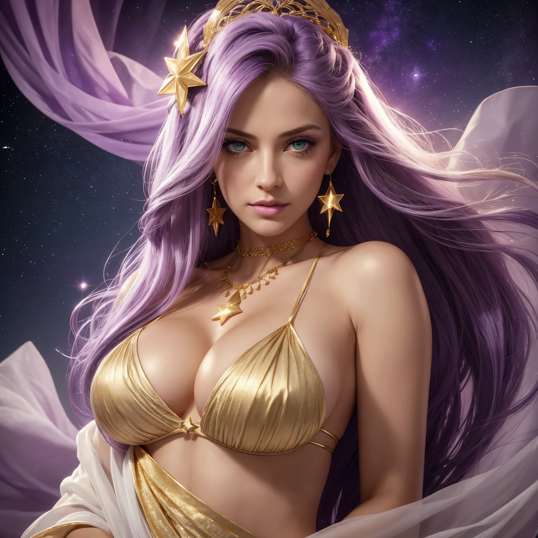 one American girl, realistic green eyes, long light purple lilac hair, large tits, large chest, cleavage, draped in white fabric with gold accessories, gold jewelry, high cheekbones, close up, zoomed in, profile picture, headshot, masterpiece, best quality, soft stars in purple sky background, forward pov, looking at viewer, plump lips