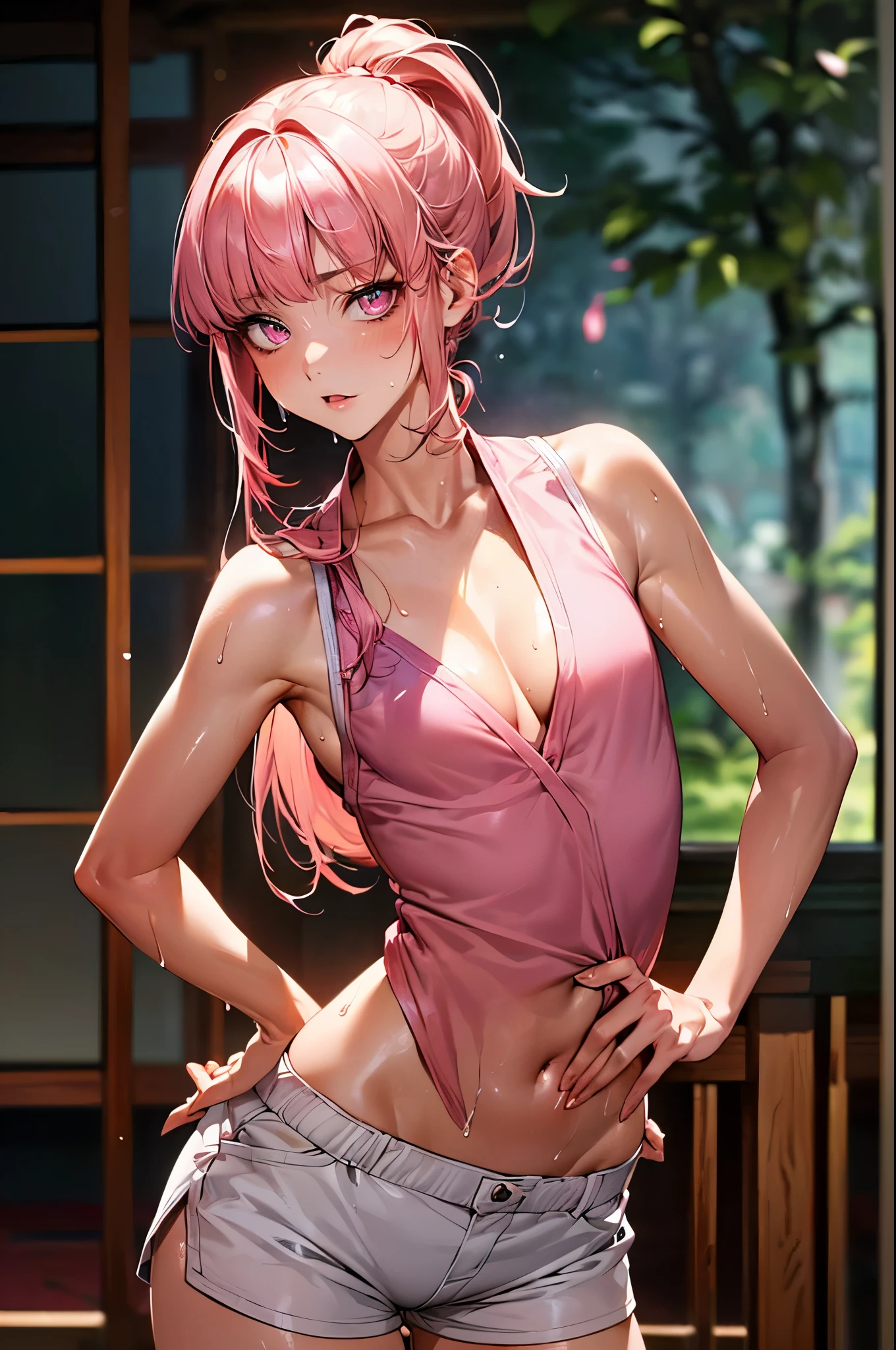 nsfw,((perfect anatomy,realistic,:1.4,RAW Photography:1.3,masterpiece、highest quality、Ultra - High resolution、High resolution、Highly detailed CG、8K)),cowboy shot,1 female,solo,((20 year old beauty,beautiful detailed face and eyes,gorgeous eyes,pink eyes)),((pink hair,ponytail,long hair,blunt bangs,straight hair)),((medium breasts,slender body,small head:1.4,skinny)),(oily skin,gleaming skin,shiny skin,sweat:1.4),((Karate's uniform, cleavage,sleeveless、white micro shorts)),karate training in progress、Ready to fight、,Japanese-style garden、Japanese-style house、Tokyo、moonlight、