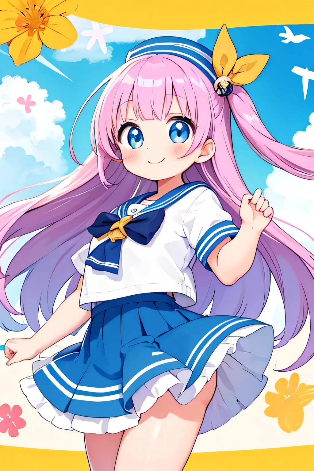 highest quality、High resolution、detailed background、Highly detailed beautiful face、cute beautiful girl、Cute colored sailor uniform costume、show me your panties、panty shot、perfect cuteness、A big smile、Low - Angle