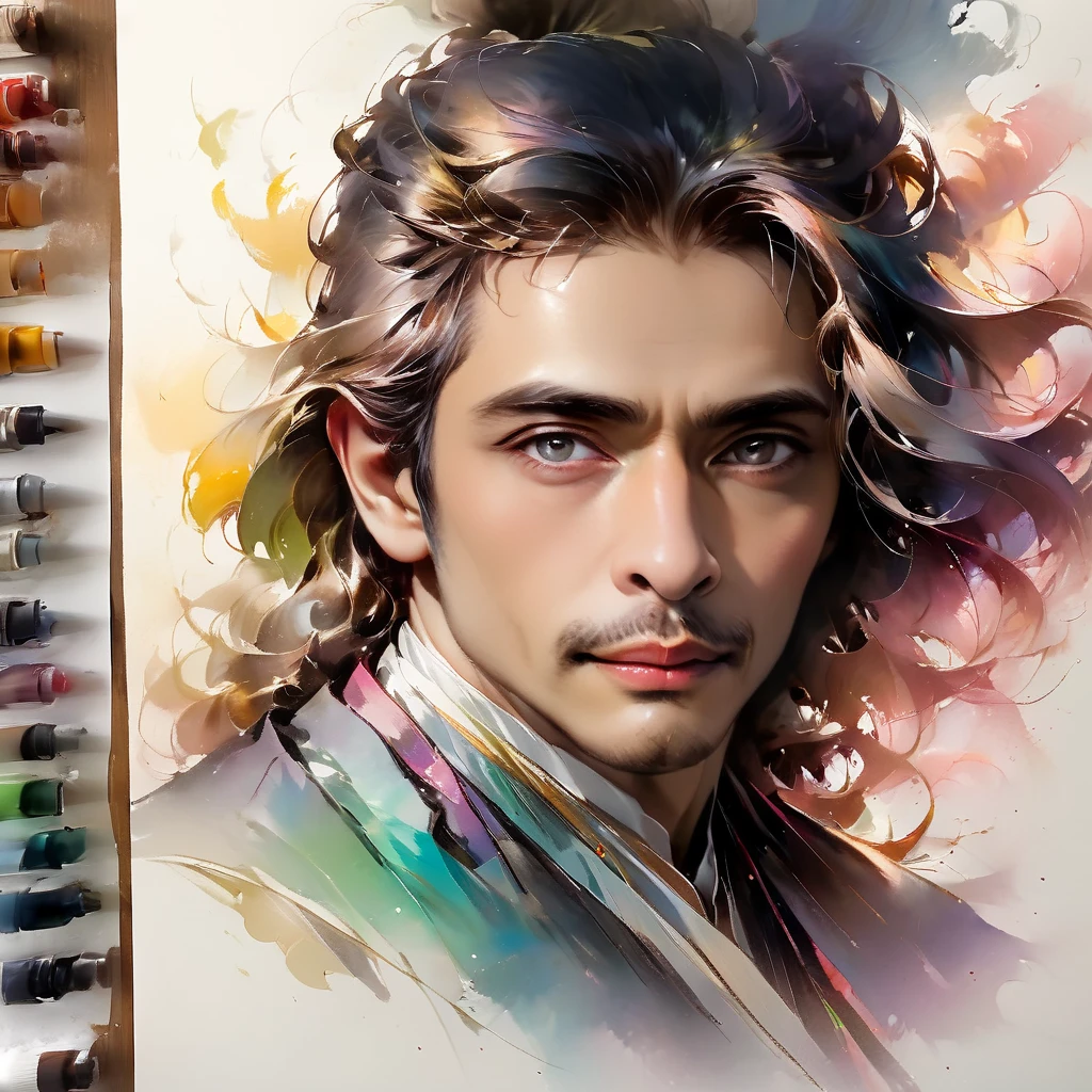 watercolor Sketch, he express his deep soul and strength combined with softness , alluring, portrait by Charles Miano, pastel drawing, illustrative art, soft lighting, detailed, more Flowing rhythm, elegant, low contrast, add soft blur with thin line, face,CEO