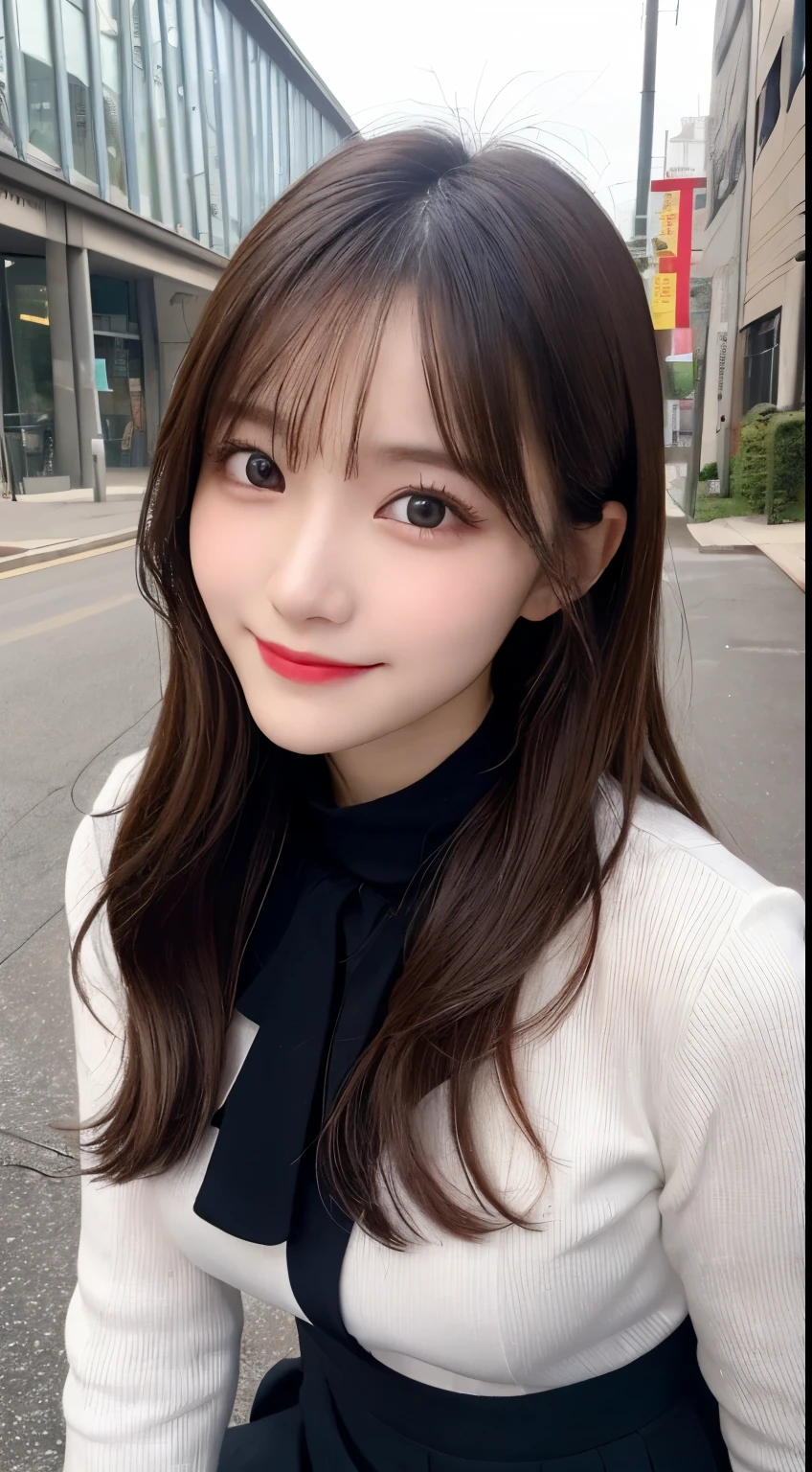 table top, highest quality, shape, Super detailed, finely, High resolution, 8k wallpaper, 完璧なダイナミックな構shape, beautiful and detailed eyes, small breasts, natural color lip, ランダムなsexy pose,smile,20 year old girl、Beautiful and dense face、perfect and beautiful face,Big eyes、real photos(best image quality),cute face、cute、long sleeve blouse、pleated skirt、secretary、blur the background、sexy pose、Shoot the subject from below、smile、photographing the sky