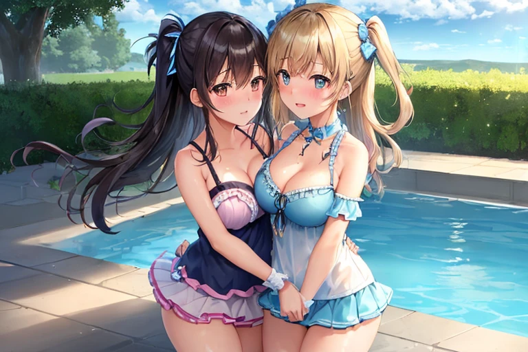 (Top quality, Masterpiece: 1.2),
from above, Cowboy Shot, 
Blue sky and incoming clouds in the outdoor pool, the surface of the water sparkling, 
Two beautiful girls in cute, frilly swimsuits are hugging and kissing each other, 
They are blushing and looking at each other shyly,
There is a height difference between them, one is aggressive and the other is quiet,
One has large breasts and a mini skirt.