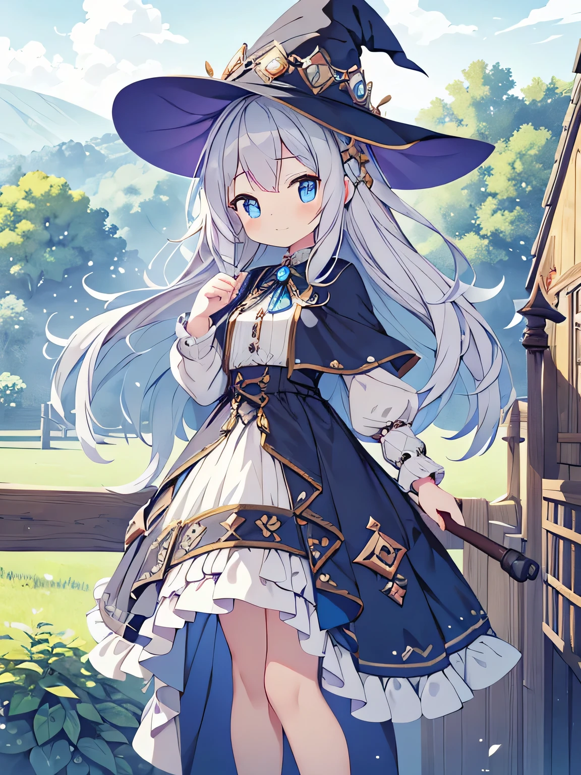 "Generate an image featuring an adorable young girl with stunning long silver hair cascading around her frame, her radiant blue eyes twinkling with warmth and mischief. Dressed in the attire of a witch, she exudes a playful charm, with whimsical accessories adorning her ensemble. In the background, her cozy home stands nestled amidst a serene countryside, surrounded by rolling hills and lush greenery. A gentle wisp of smoke rises from the chimney, hinting at the warmth and comfort within, while the girl's cute, small smile adds to the enchanting atmosphere of the scene."