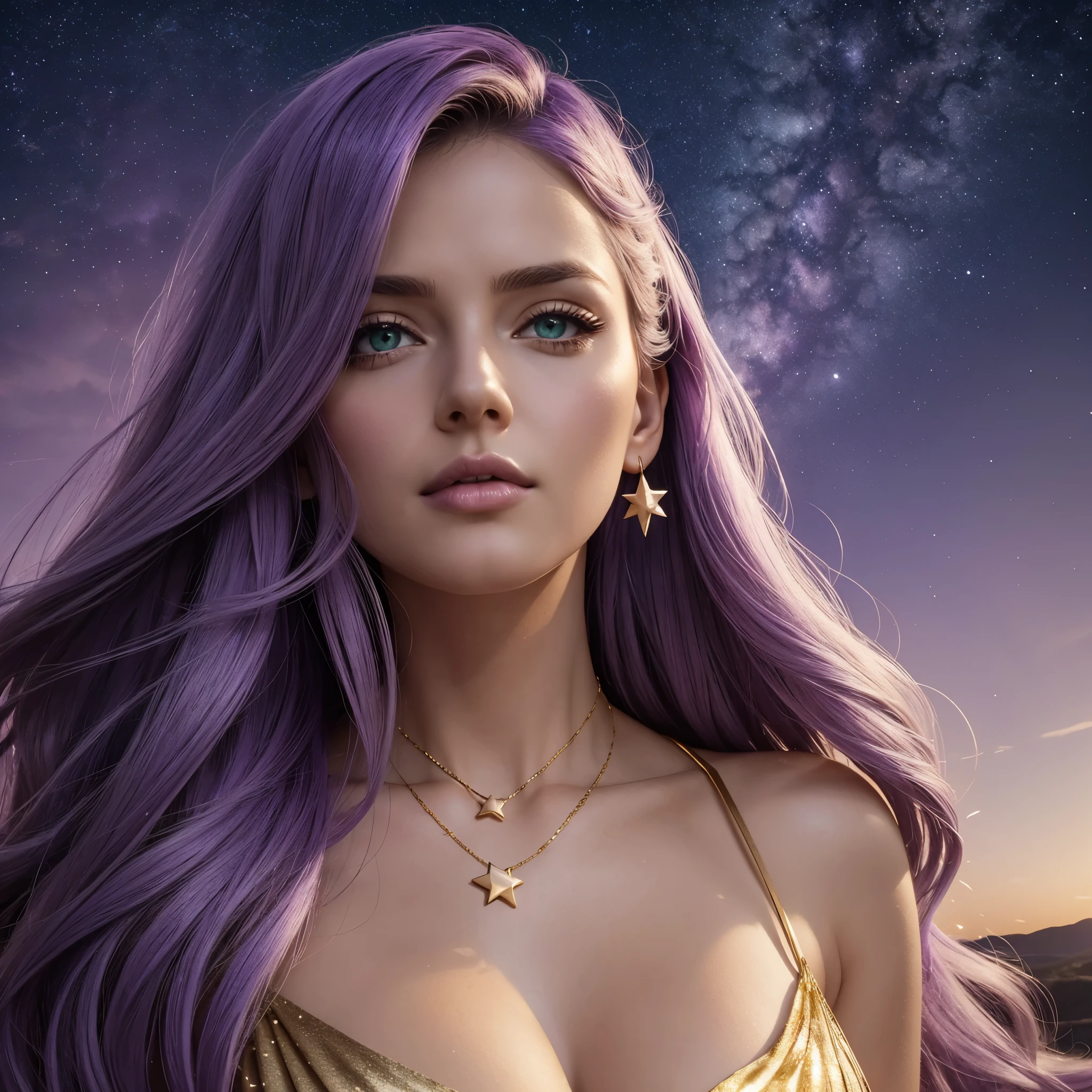 one American girl, realistic green eyes, long light purple lilac hair, large tits, large chest, cleavage, draped in white fabric with gold accessories, gold jewelry, high cheekbones, close up, zoomed in, profile picture, headshot, masterpiece, best quality, soft stars in purple sky background, forward pov, looking at viewer, plump lips, oriented to the left, empty purple sky with soft stars to the right