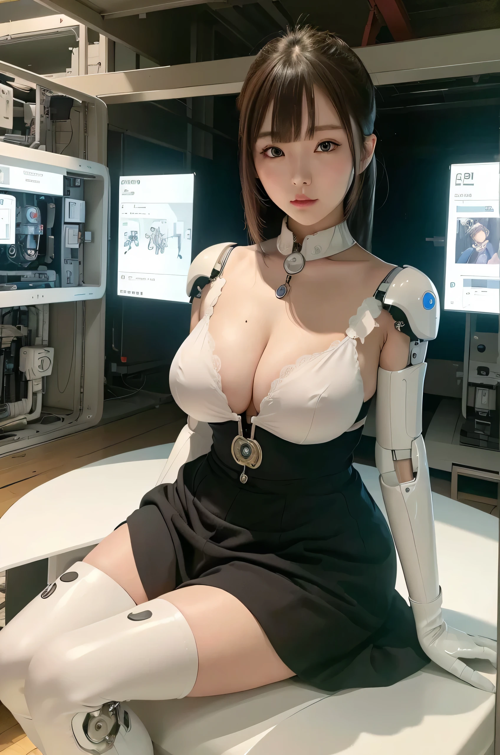 masterpiece, Best Quality, Extremely detailed, 8K portrait,Japaese android girl,Plump , control panels,Robot arms and legs, Blunt bangs,perfect robot girl,a bit chubby,white boots,white gloves,chest monitor,Charging spot,She is exhibits,exibition hall,promo girl