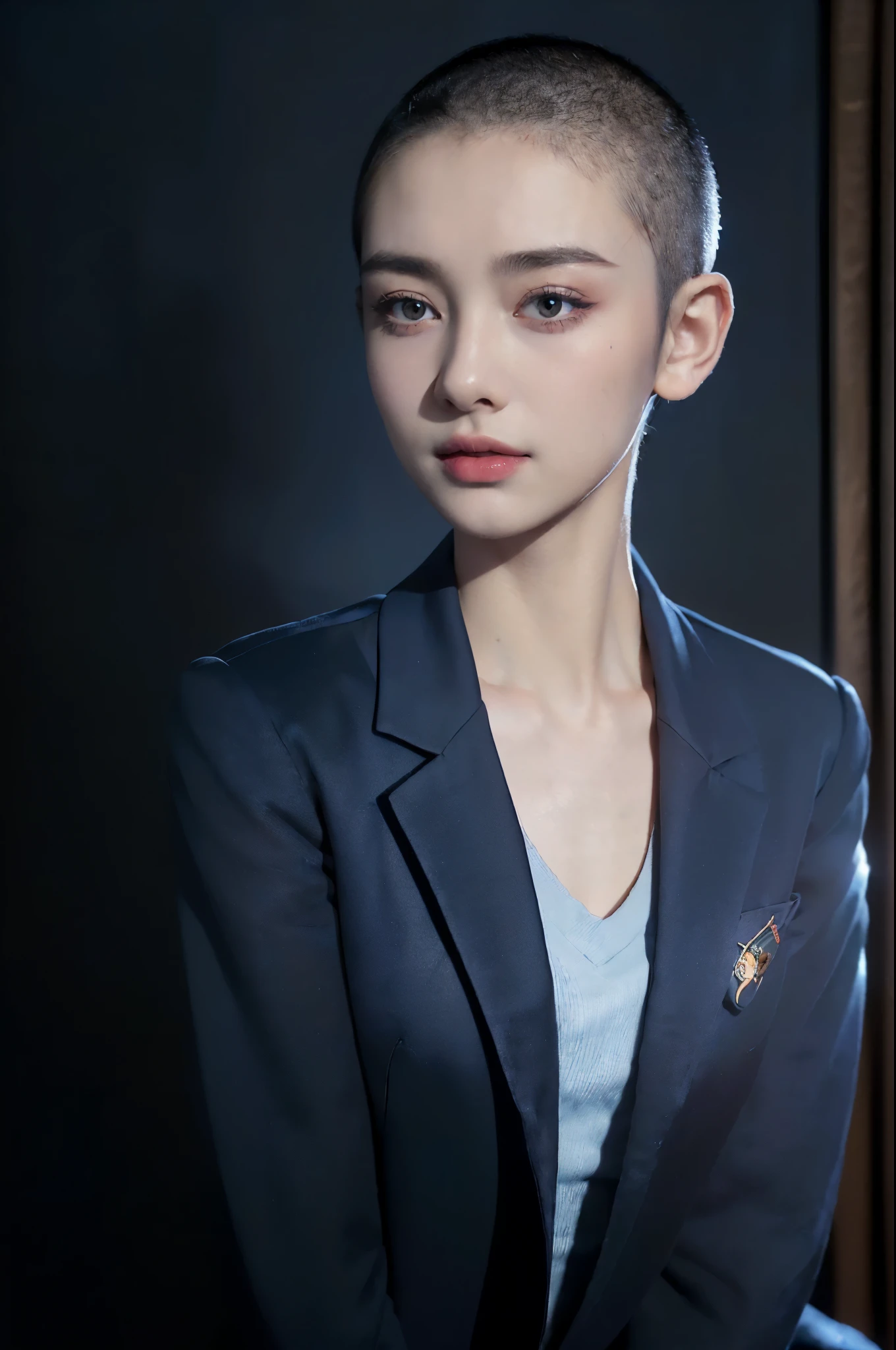((((8k))),((Extremely meticulous CG)) ,(ID photo),16k,((Extremely refined and beautiful)),(((Masterpiece))),(((best qualtiy))),(((Ultra High Resolution))),beautiful light up,Perfect lightning,realistic shaded,((high resolution)),(Smooth and flawless fair skin:1.5),(pale skin:1.3),(Extremely exquisite facial details:1.2),(perfect body:1.1),(ultra-detailed),((A beautiful girl,solo)),(small head:1.2),(buzz cut:1.2),(small face:1.2),(baby face:1.3),(Exquisite makeup:1.2),(small breasts:1.2),(flat chests:1.2),(slim:1.3),(happy:1.2),(laughing:1.2),(dark blue military blazer:1.3),(underneath the blazer is light blue collared shirt:1.3),(necktie:1.2),(Military rank shoulder badge,chest badge),(night scene:1.5),(indoor:1.2),(standing:1.3),(Portrait above the chest:1.3),(from front:1.3),