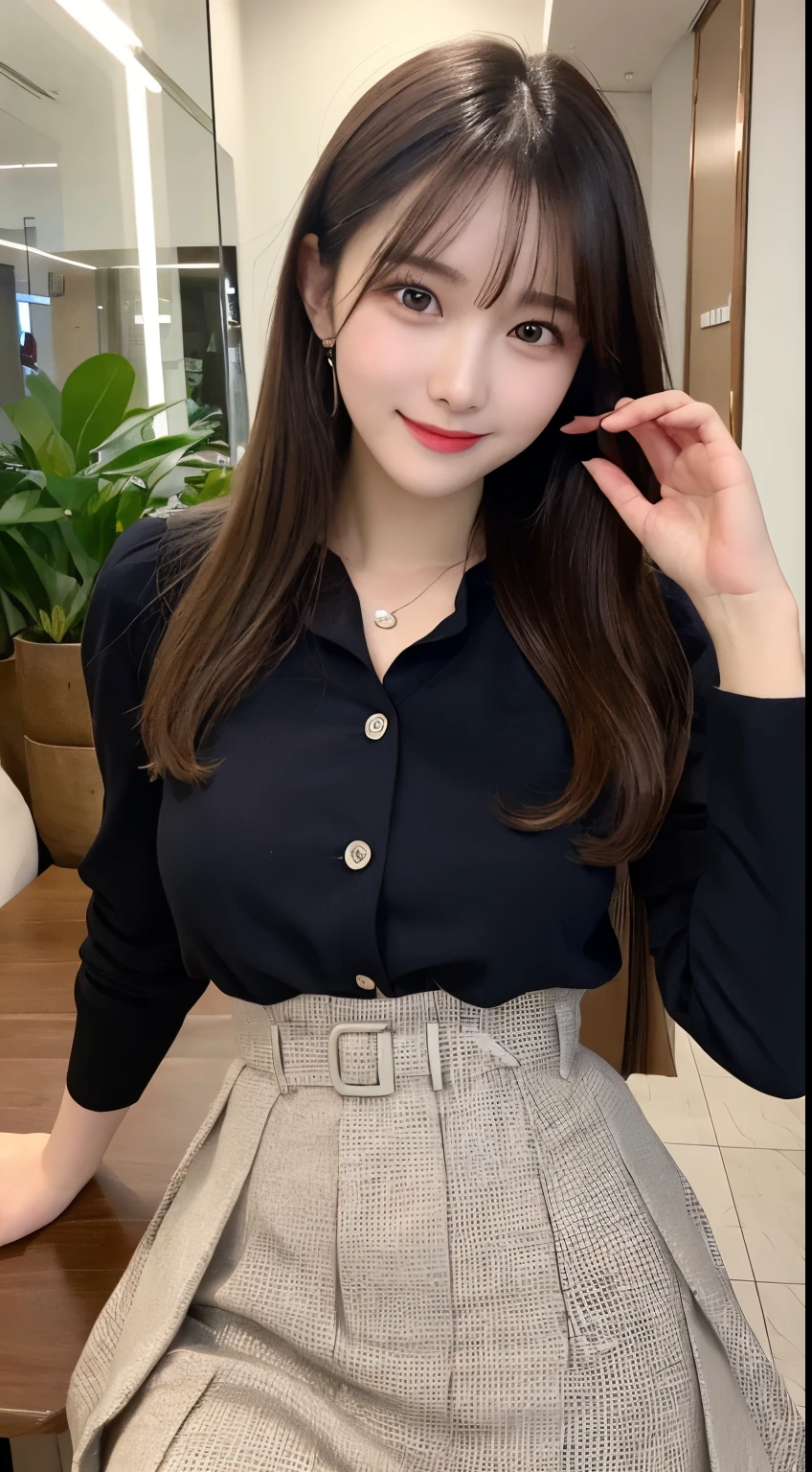 table top, highest quality, shape, Super detailed, finely, High resolution, 8k wallpaper, 完璧なダイナミックな構shape, beautiful and detailed eyes, small breasts, natural color lip, ランダムなsexy pose,smile,20 year old girl、Beautiful and dense face、perfect and beautiful face,Big eyes、real photos(best image quality),cute face、cute、Jacket、long sleeve blouse、pleated skirt、Secretary to the CEO of a large company、blur the background、sexy pose、Shoot the subject from below、smile、photographing the sky