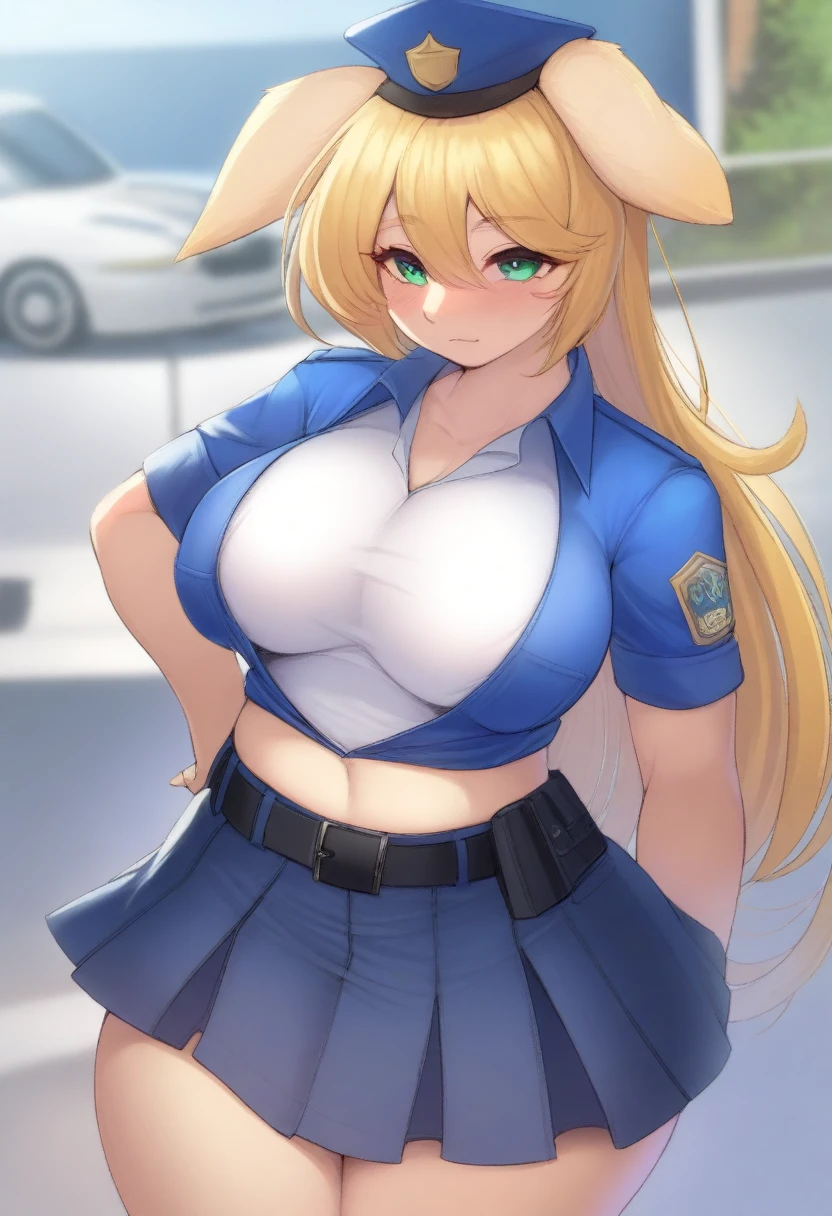1girl, huge breasts, thick thighs, wide hips, blonde hair, long hair, fox ears, green eyes, fox tail, police, police hat, policewoman, white uniform, white clothes, smile, smirk, smug, leotard