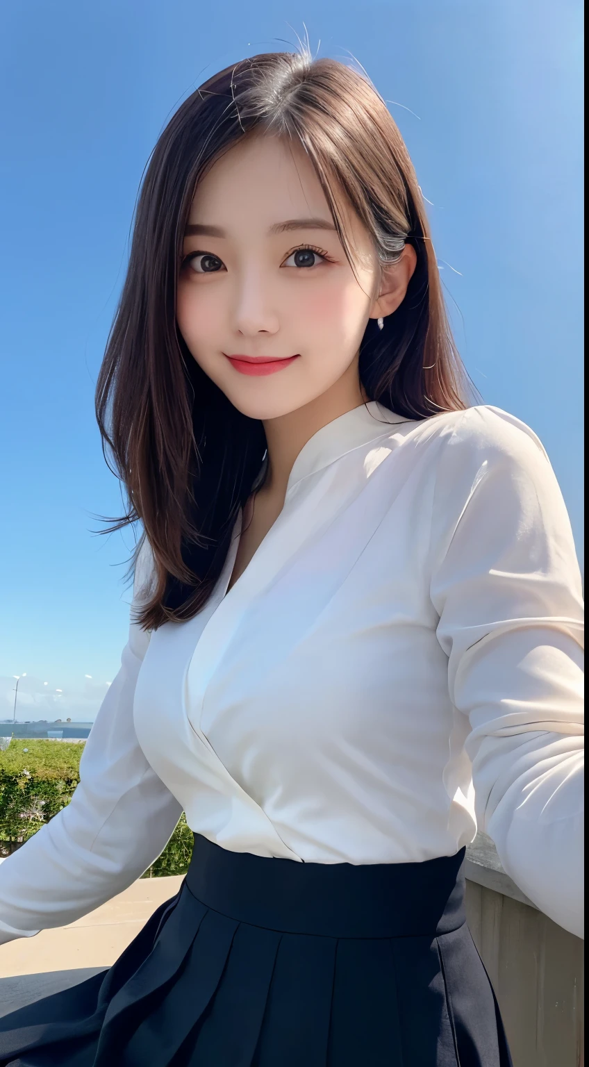 table top, highest quality, shape, Super detailed, finely, High resolution, 8k wallpaper, 完璧なダイナミックな構shape, beautiful and detailed eyes, small , natural color lip, ランダムなsexy pose,smile,20 year old girl、Beautiful and dense face、perfect and beautiful face,Big eyes、real photos(best image quality),cute face、cute、Jacket、long sleeve blouse、pleated skirt、Secretary to the CEO of a large company、blur the background、sexy poShoot the subject from below、smile、photographing the sky