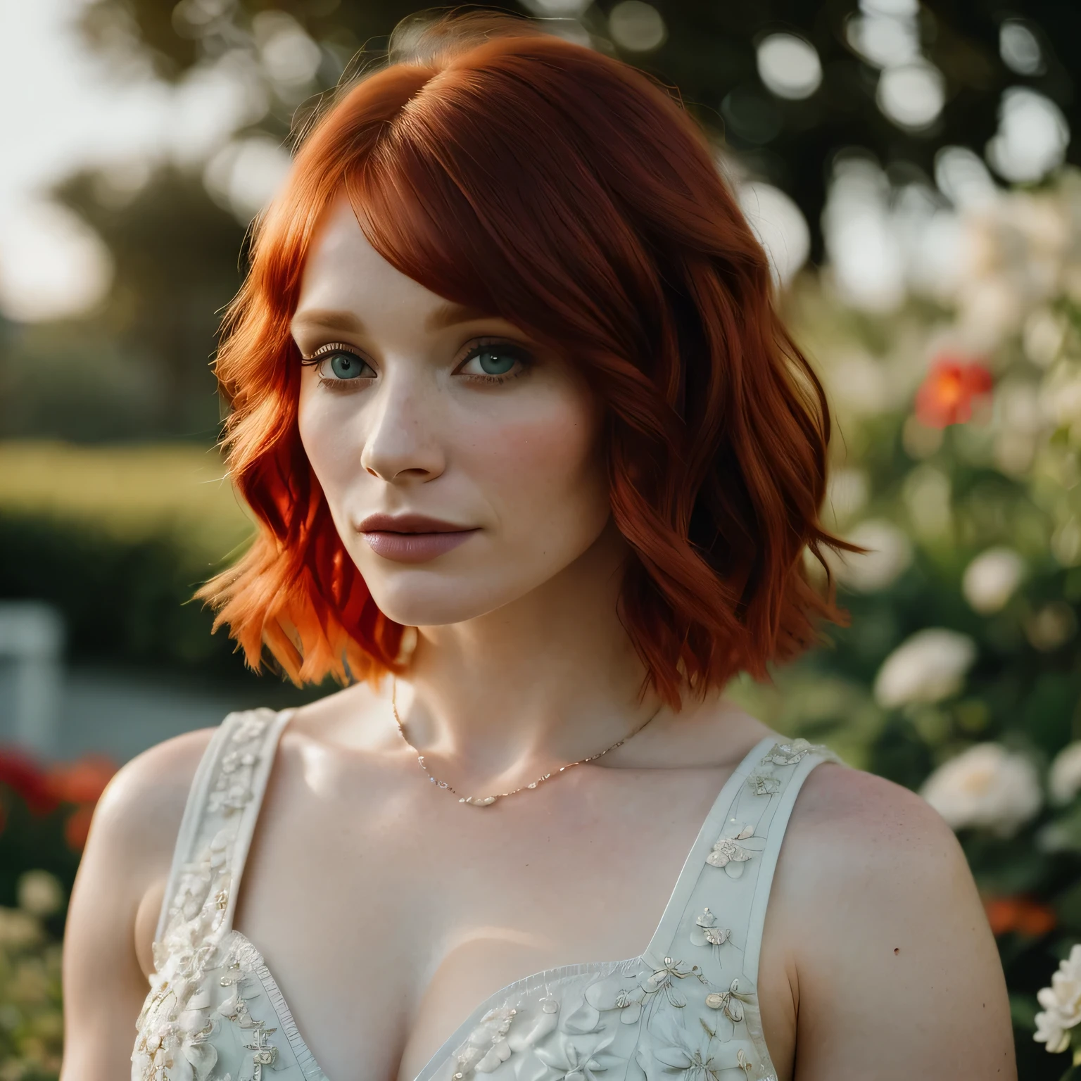 (masterpiece), (extremely intricate:1.3),(realistic), bryce dallas howard, short chanel, red hair, portrait of a woman, the most beautiful in the world, (floral dressr), outdoors, intense sunlight, flower shop, professional photograph of a stunning woman detailed, sharp focus, dramatic, award winning, cinematic lighting, octane render, unreal engine, volumetrics dtx, (film grain, bokeh, blurry foreground, blurry background), crest on chest
