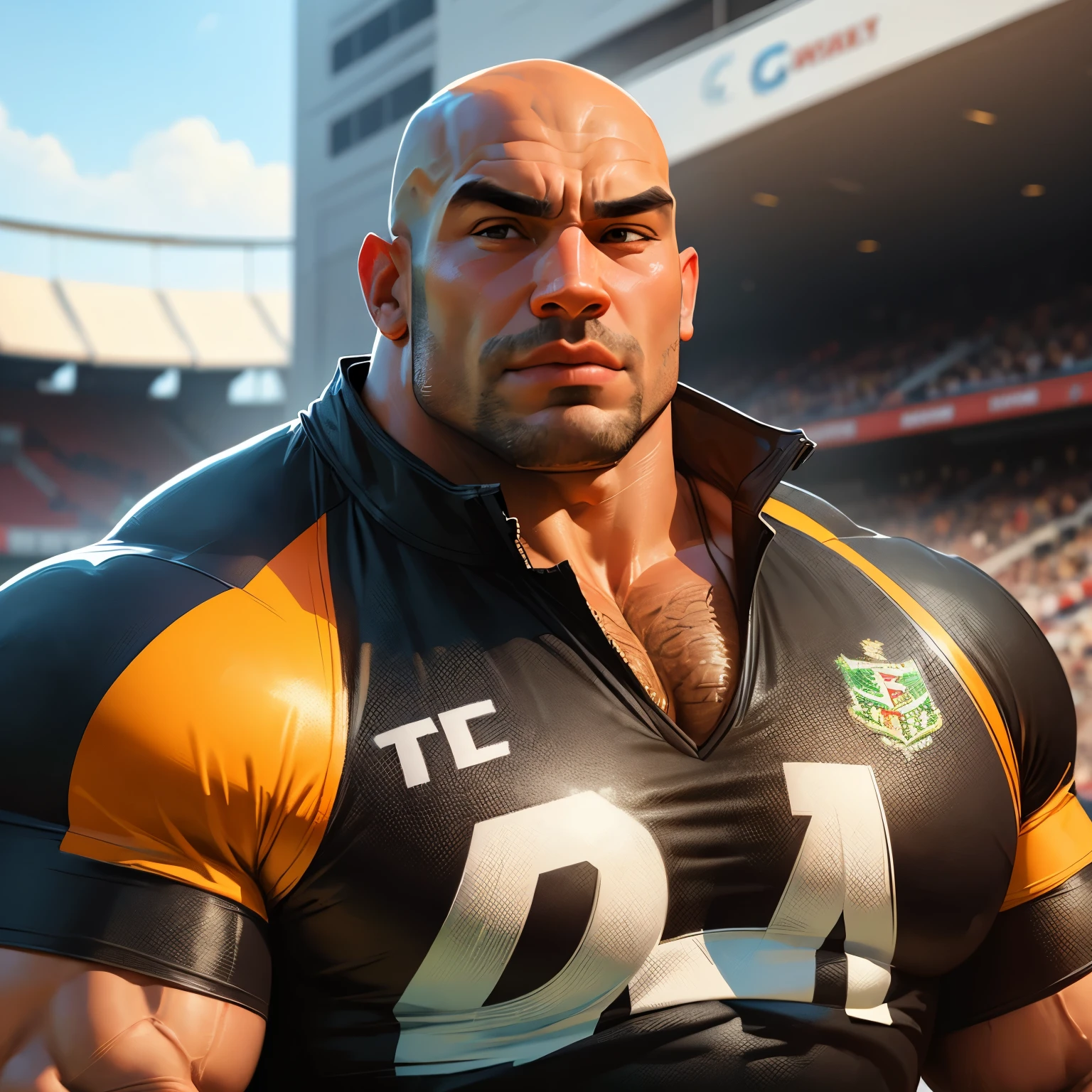 an exaggeratedly muscular and large bald bodyguard, beefy build, mixed race, (wearing rugby shirt: 1.2), (bara pecs: 1.3), (arm and chest hair: 1.1), close-up portrait HD, outdoor sports stadium