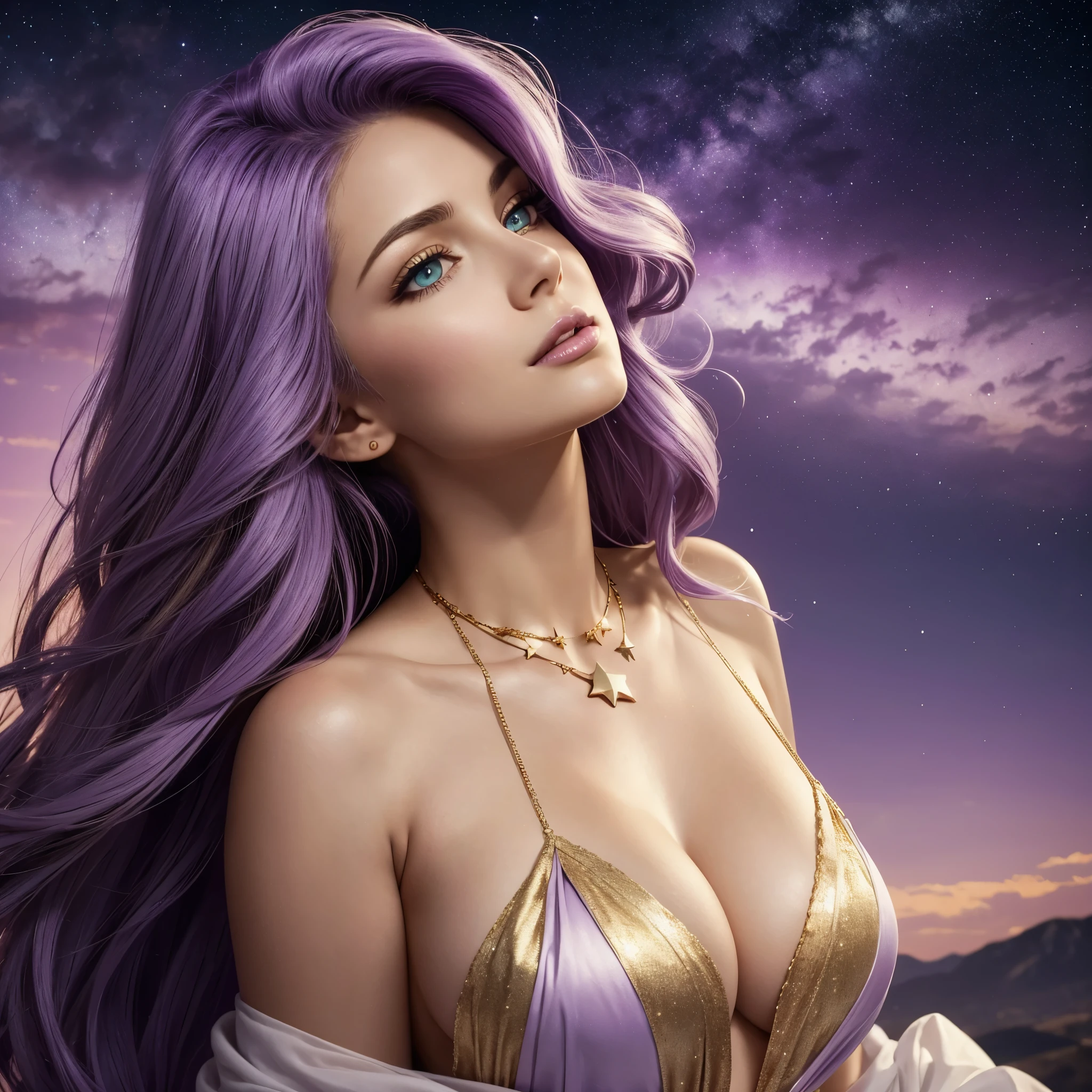 one American girl, realistic green eyes, long light purple lilac hair, large tits, large chest, cleavage, draped in white fabric with gold accessories, gold jewelry, high cheekbones, close up, zoomed in, profile picture, headshot, masterpiece, best quality, soft stars in purple sky background, forward pov, looking at viewer, plump lips, oriented to the left, empty purple sky with soft stars to the right, off center, left oriented