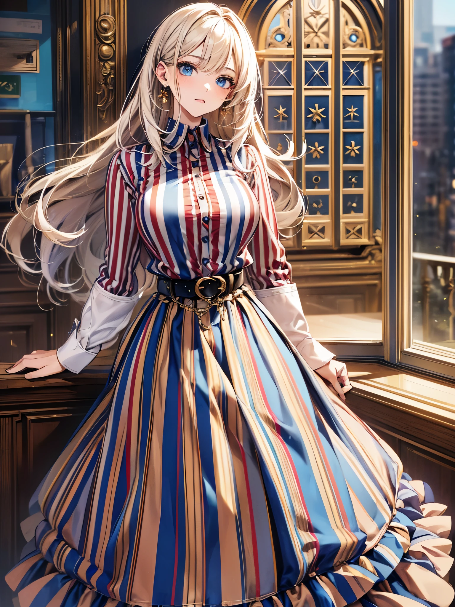 ((highest quality)),(ultra high resolution),(Super detailed),(detailed description),((best CG)),(best work of art),super precision art,amazing drawing art,(Fashion art with precise details:1.5), (adult women:1.7),(beautiful and well-shaped face:1.7),((vertical-striped shirt:1.6)),(long skirt with thick belt:1.5)