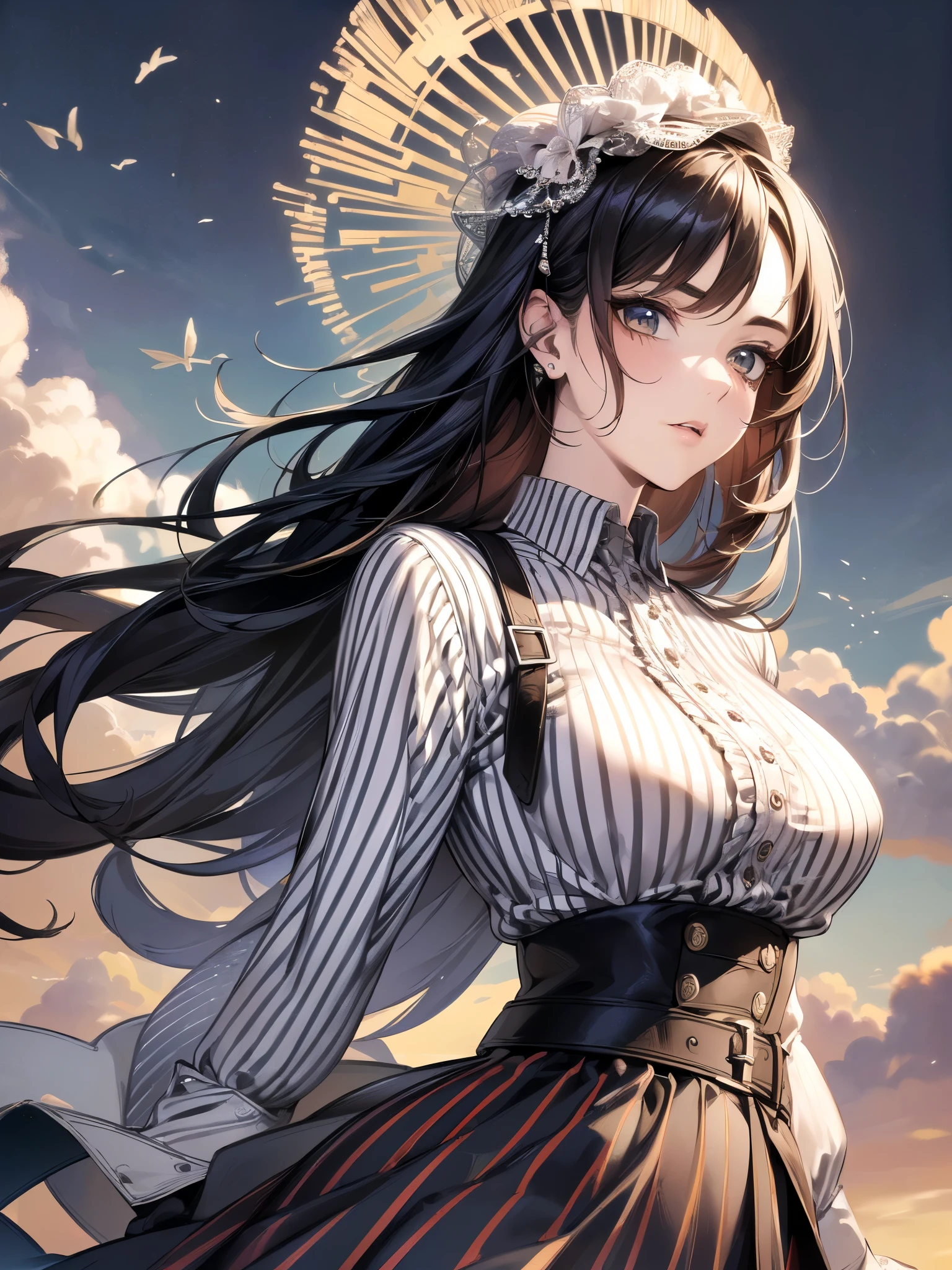 ((highest quality)),(ultra high resolution),(Super detailed),(detailed description),((best CG)),(best work of art),super precision art,amazing drawing art,(Fashion art with precise details:1.5), (adult women:1.7),(beautiful and well-shaped face:1.7),((vertical-striped shirt:1.6)),(long skirt with thick belt:1.5)
