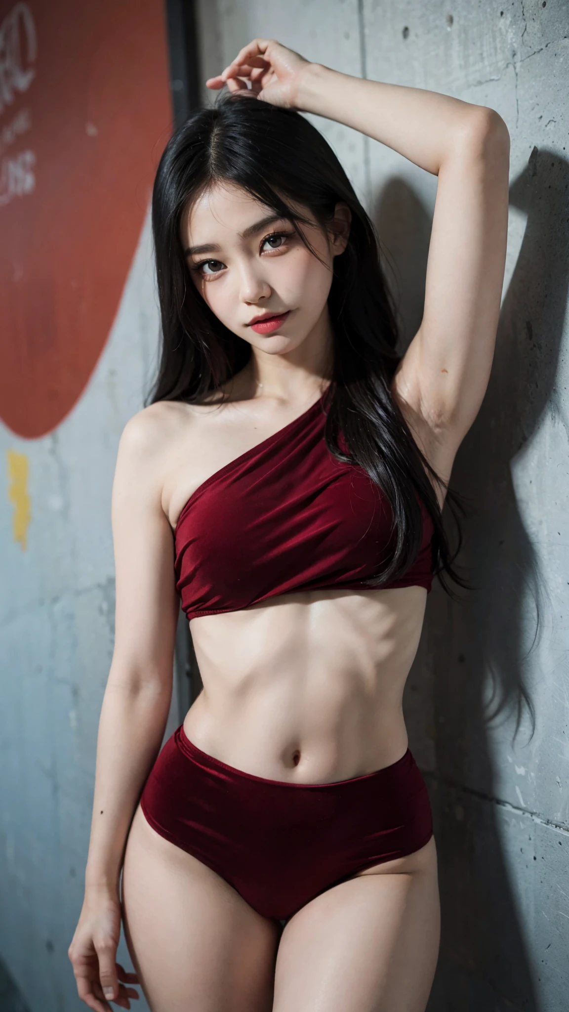 Masterpiece: 1.25, Best quality, High resolution:1.35, RAW photo:1.2, Photorealistic:1.37, Hyper-realistic, 16K, ((1girl)), Cute face, Long eyelashes, detailed eyelashes, eye shadows, glowing eyes, realistic eyes, Natural makeup, Clear facial features, Curvy build, Skinny, Slender body, Fine detailed beautiful eyes: 1.2, Happy Expression, Ulzzang, Erotic thighs, Lustrous skin, Photon maping, Cinematic lighting, Cowboy shot, (Red velvet top), Hot pants, Show armpits, Small perky breast, Standing pose in front of solid grafitti wall